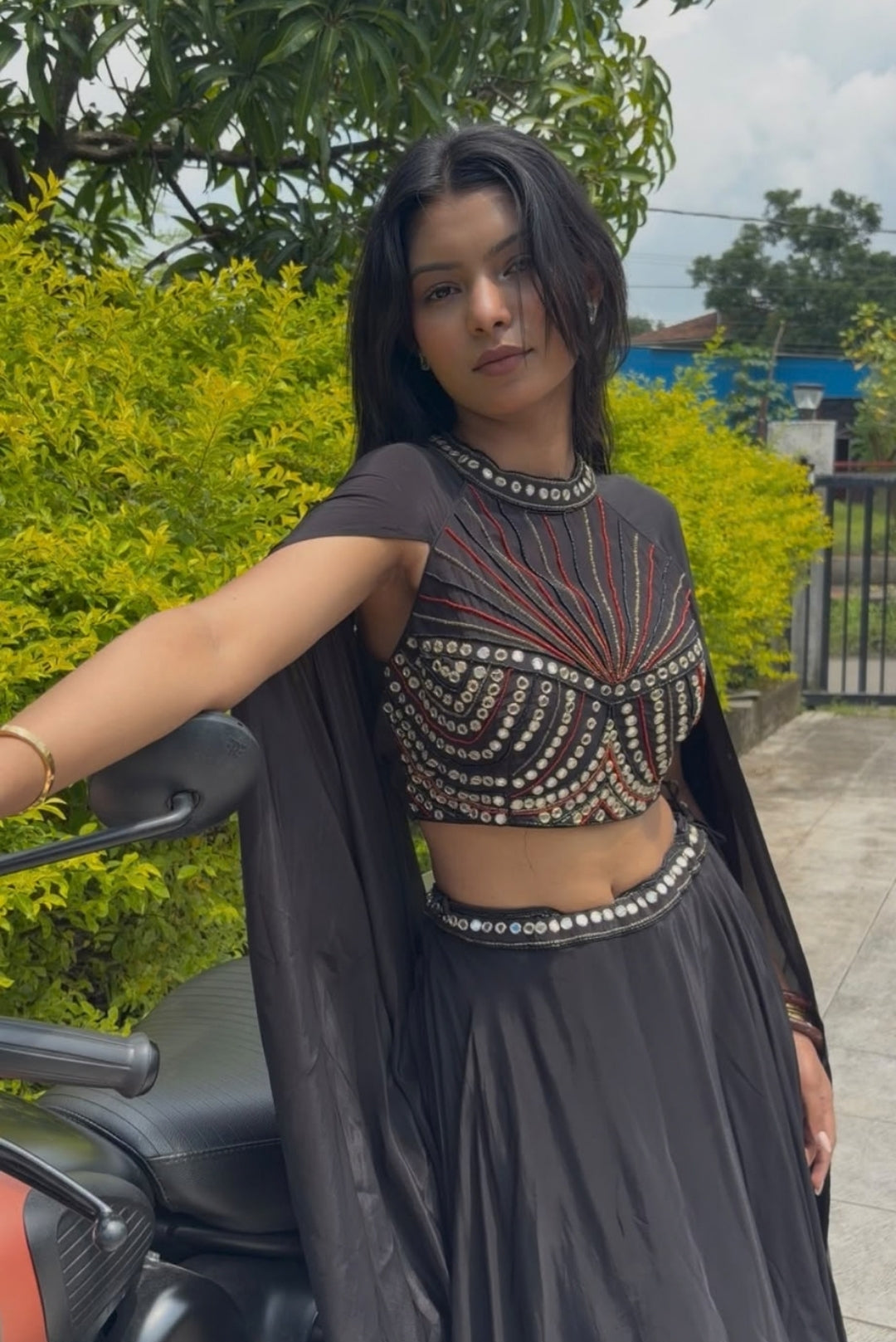 Black Embellished Cape & Skirt Set