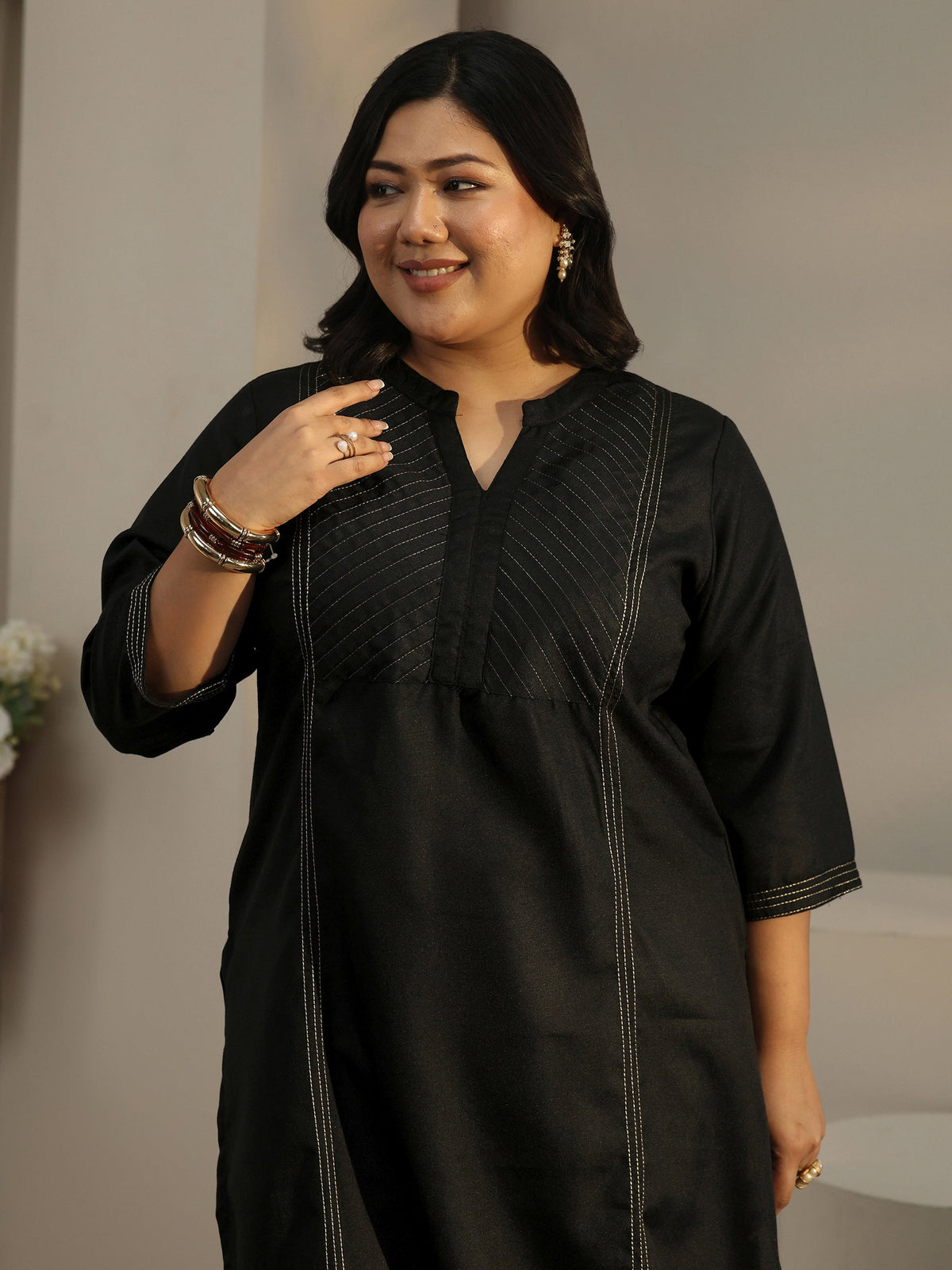 Plus Size Black Solid Cotton Straight Kurta With Palazzos & Dupatta