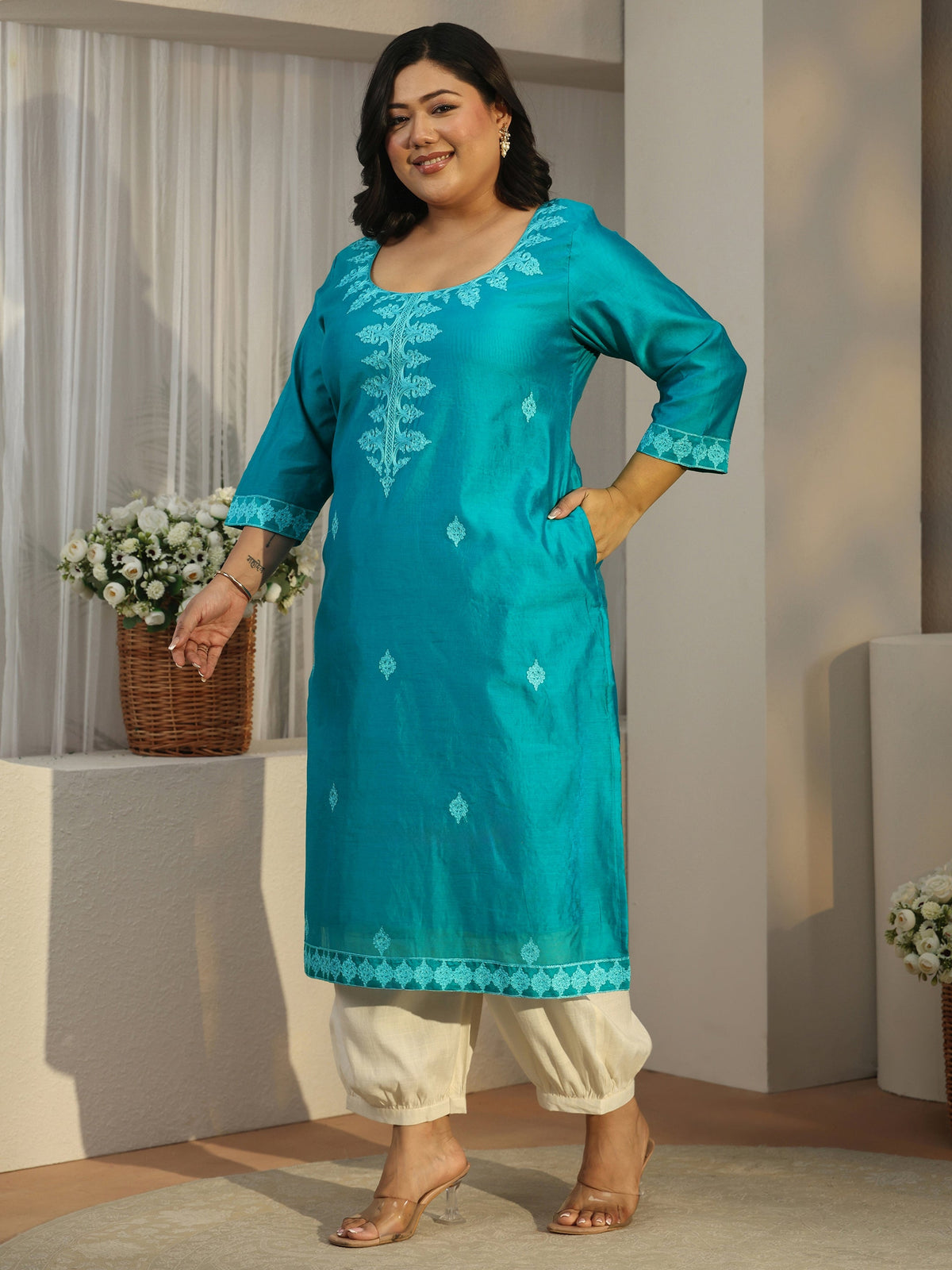 Plus Size Aqua Blue Embroidered Silk Blend Straight Kurta