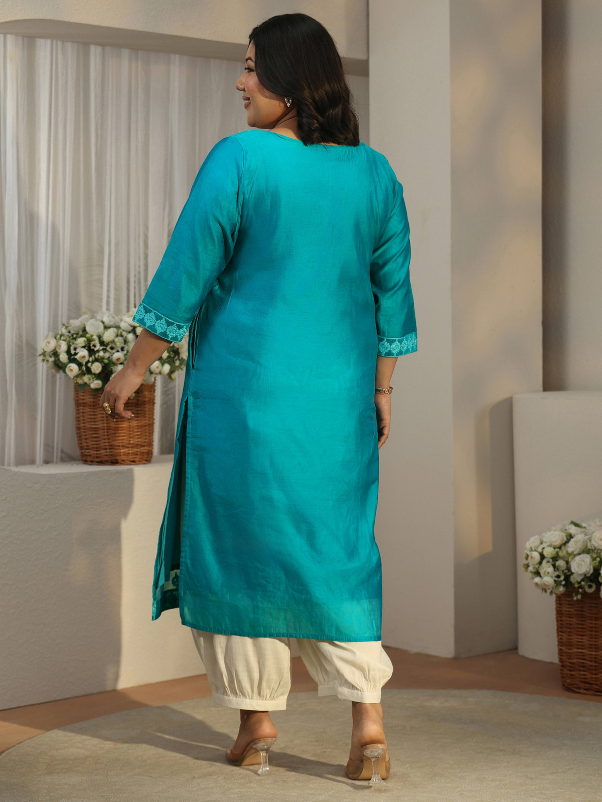 Plus Size Aqua Blue Embroidered Silk Blend Straight Kurta