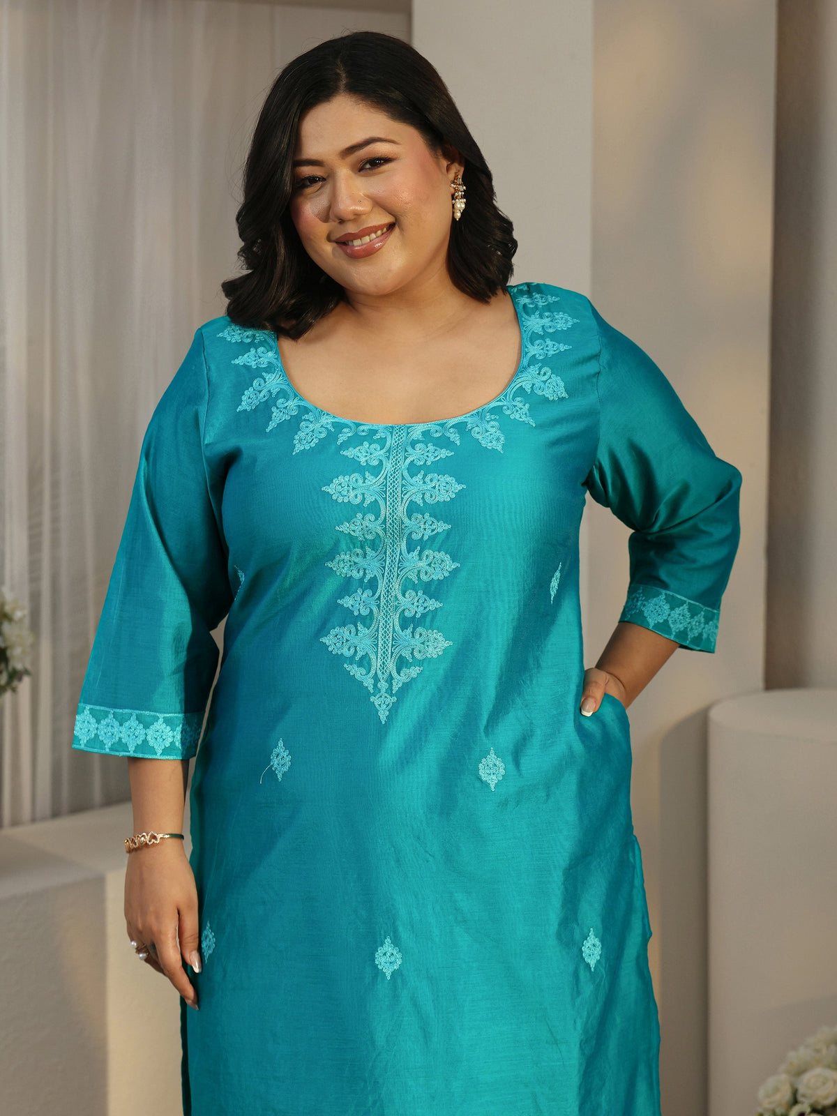 Plus Size Aqua Blue Embroidered Silk Blend Straight Kurta