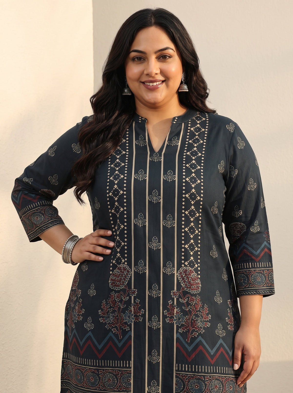 Plus Size Blue Floral Printed Silk Blend Straight Short Kurti