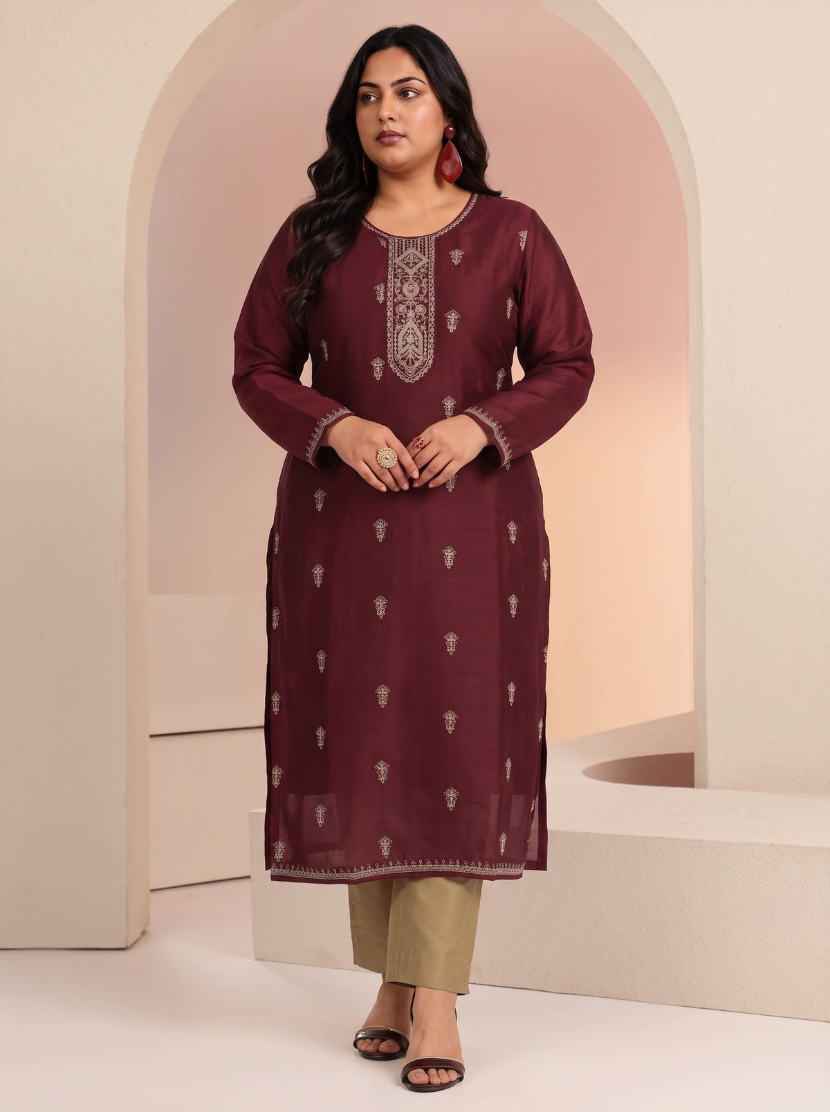 Plus Size Maroon Ethnic Embroidered Silk Blend Straight Kurta