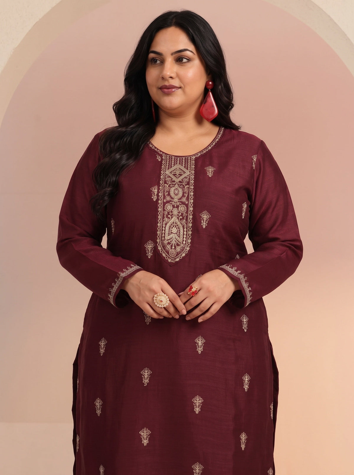 Plus Size Maroon Ethnic Embroidered Silk Blend Straight Kurta