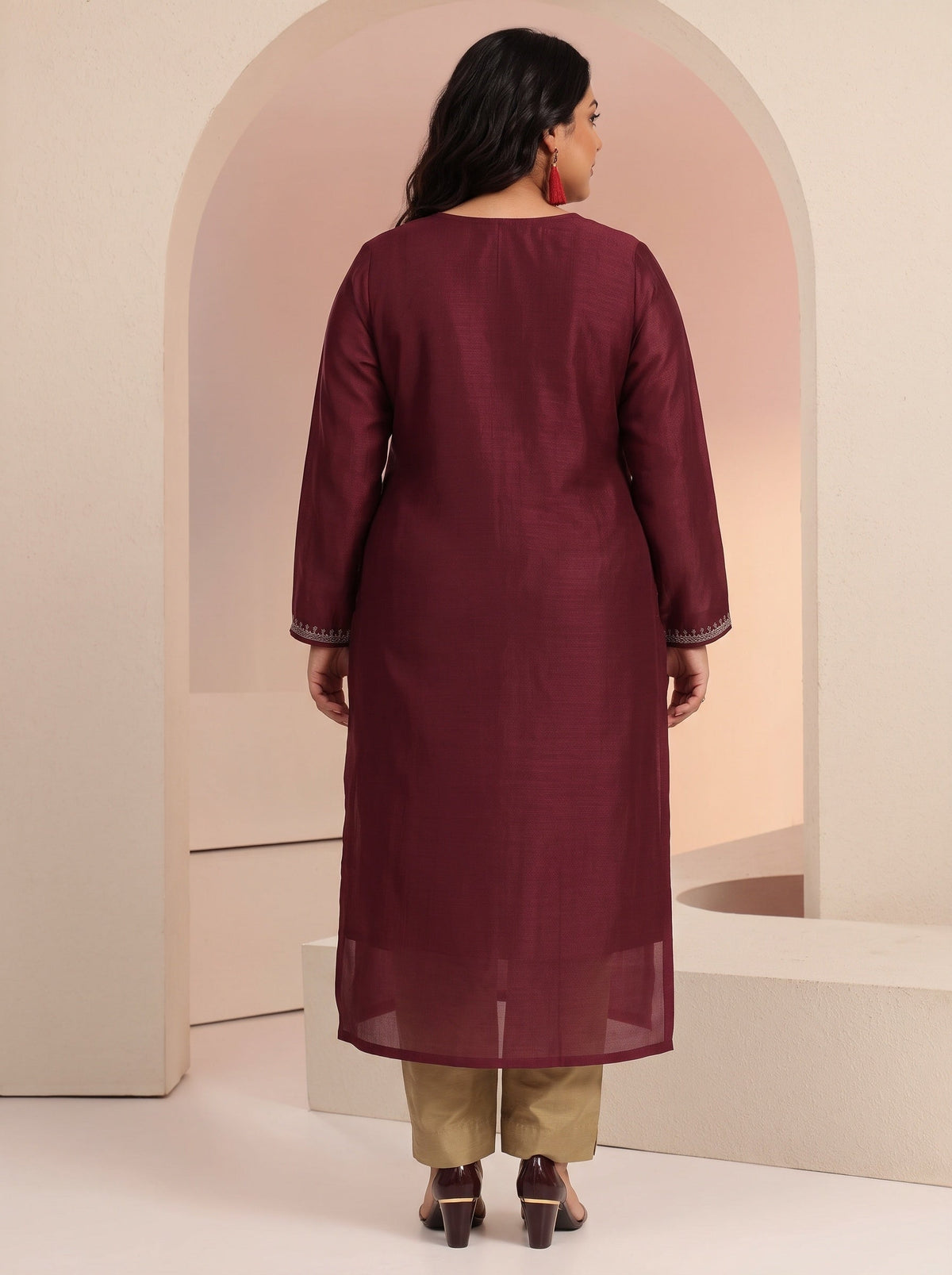 Plus Size Maroon Ethnic Embroidered Silk Blend Straight Kurta