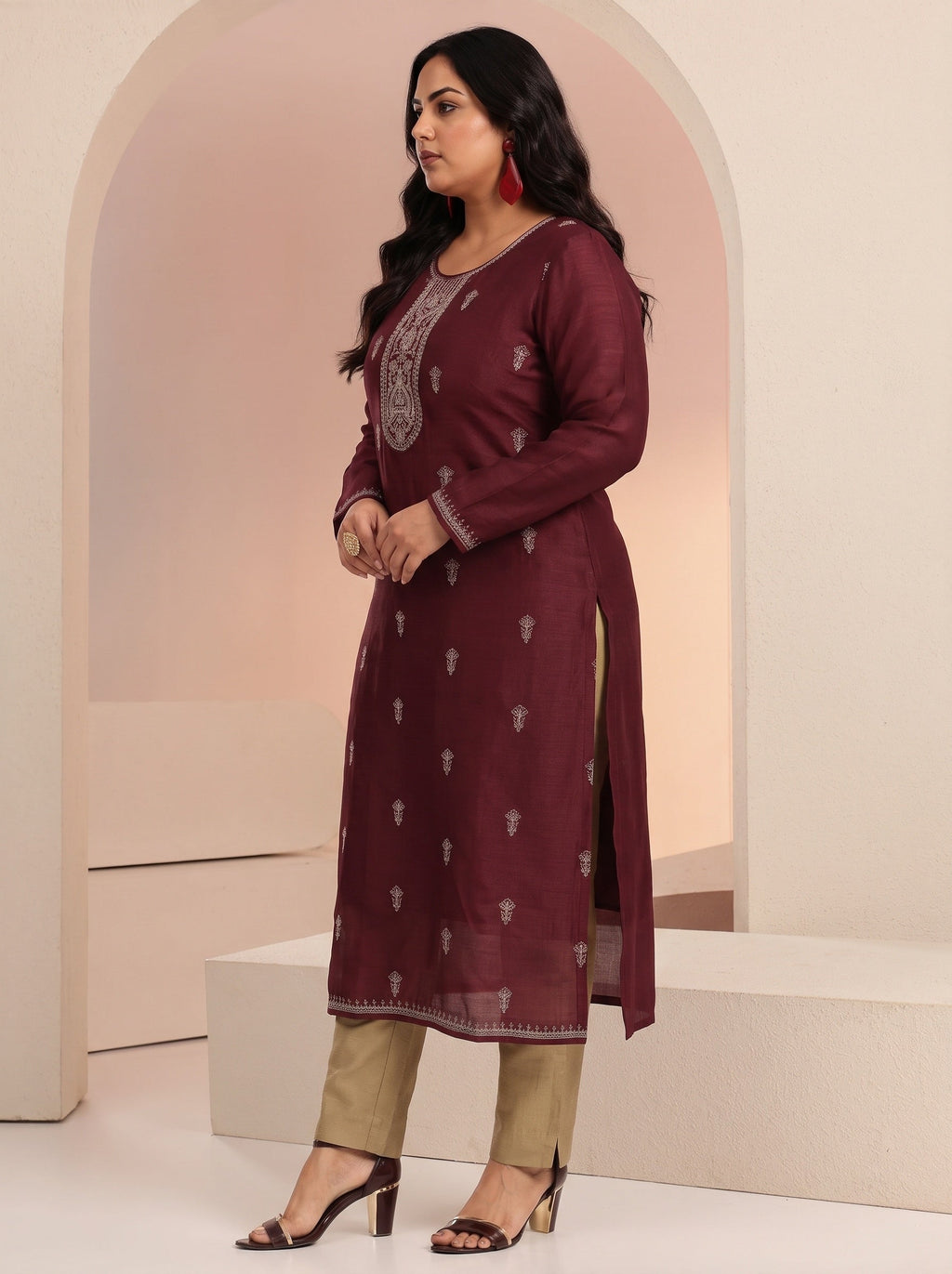Plus Size Maroon Ethnic Embroidered Silk Blend Straight Kurta