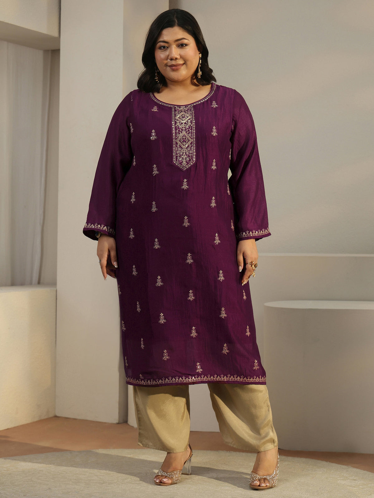 Plus Size Burgundy Ethnic Embroidered Silk Blend Straight Kurta