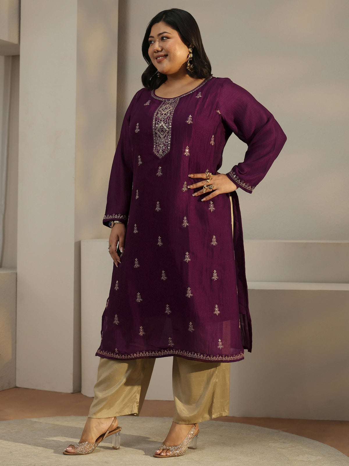 Plus Size Burgundy Ethnic Embroidered Silk Blend Straight Kurta