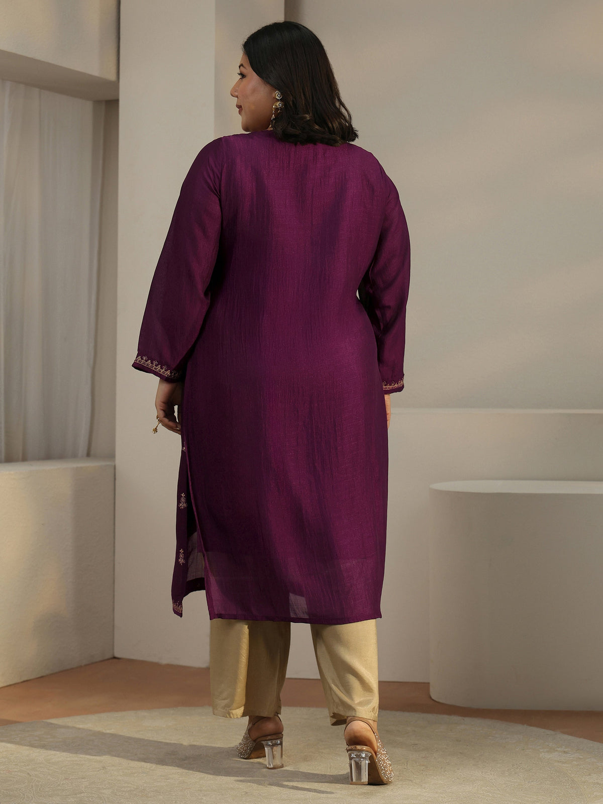 Plus Size Burgundy Ethnic Embroidered Silk Blend Straight Kurta