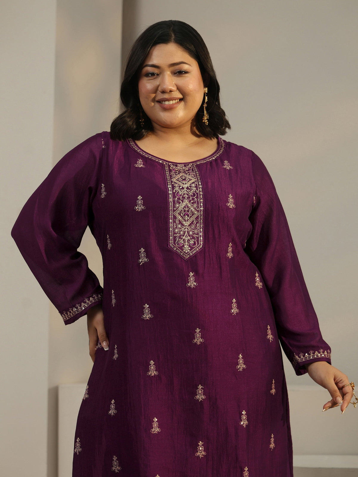 Plus Size Burgundy Ethnic Embroidered Silk Blend Straight Kurta