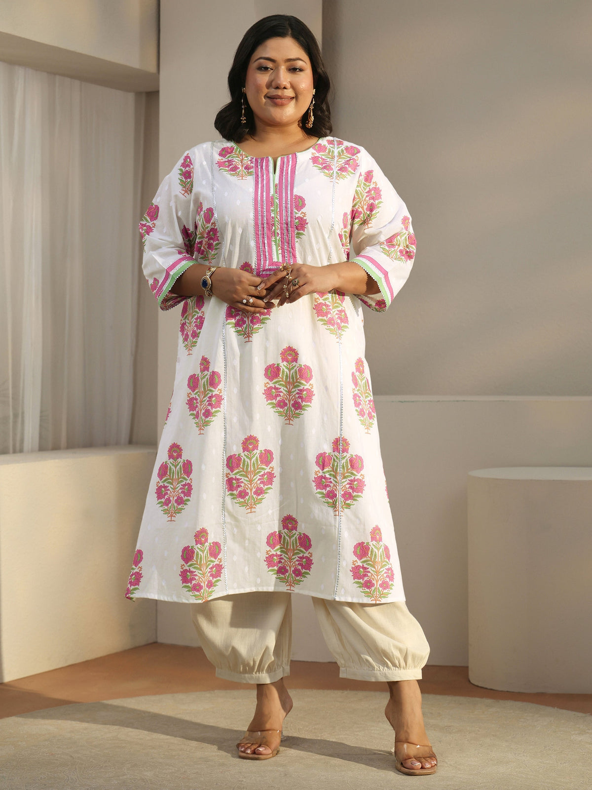 Plus Size White Floral Printed Cotton A-Line Kurta