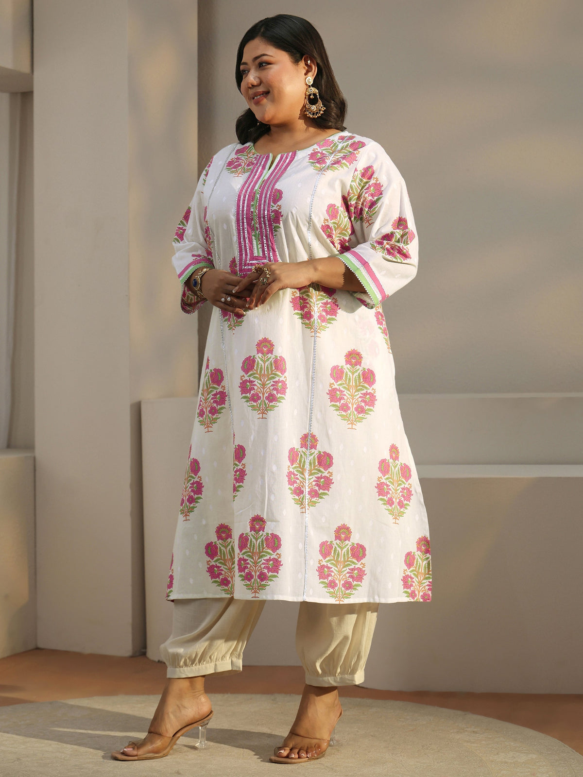 Plus Size White Floral Printed Cotton A-Line Kurta