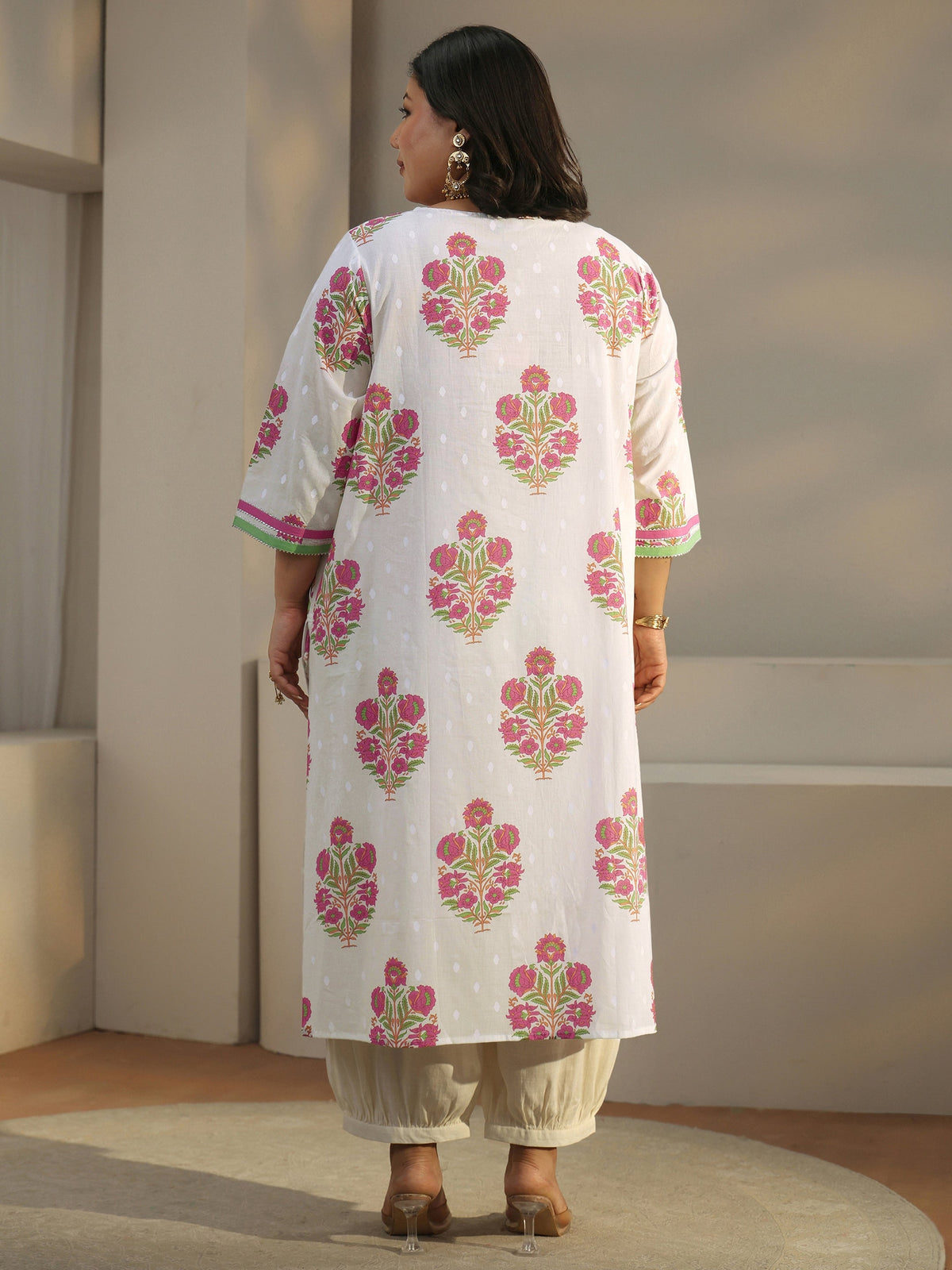 Plus Size White Floral Printed Cotton A-Line Kurta