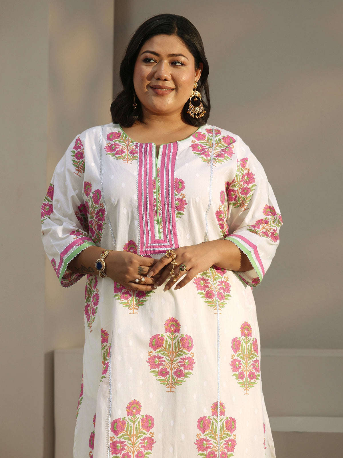Plus Size White Floral Printed Cotton A-Line Kurta