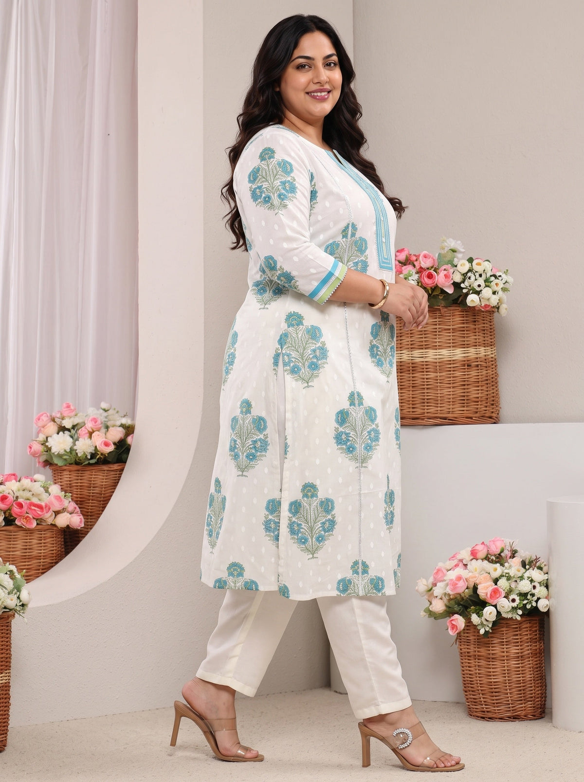Plus Size White Floral Printed Cotton A-Line Kurta