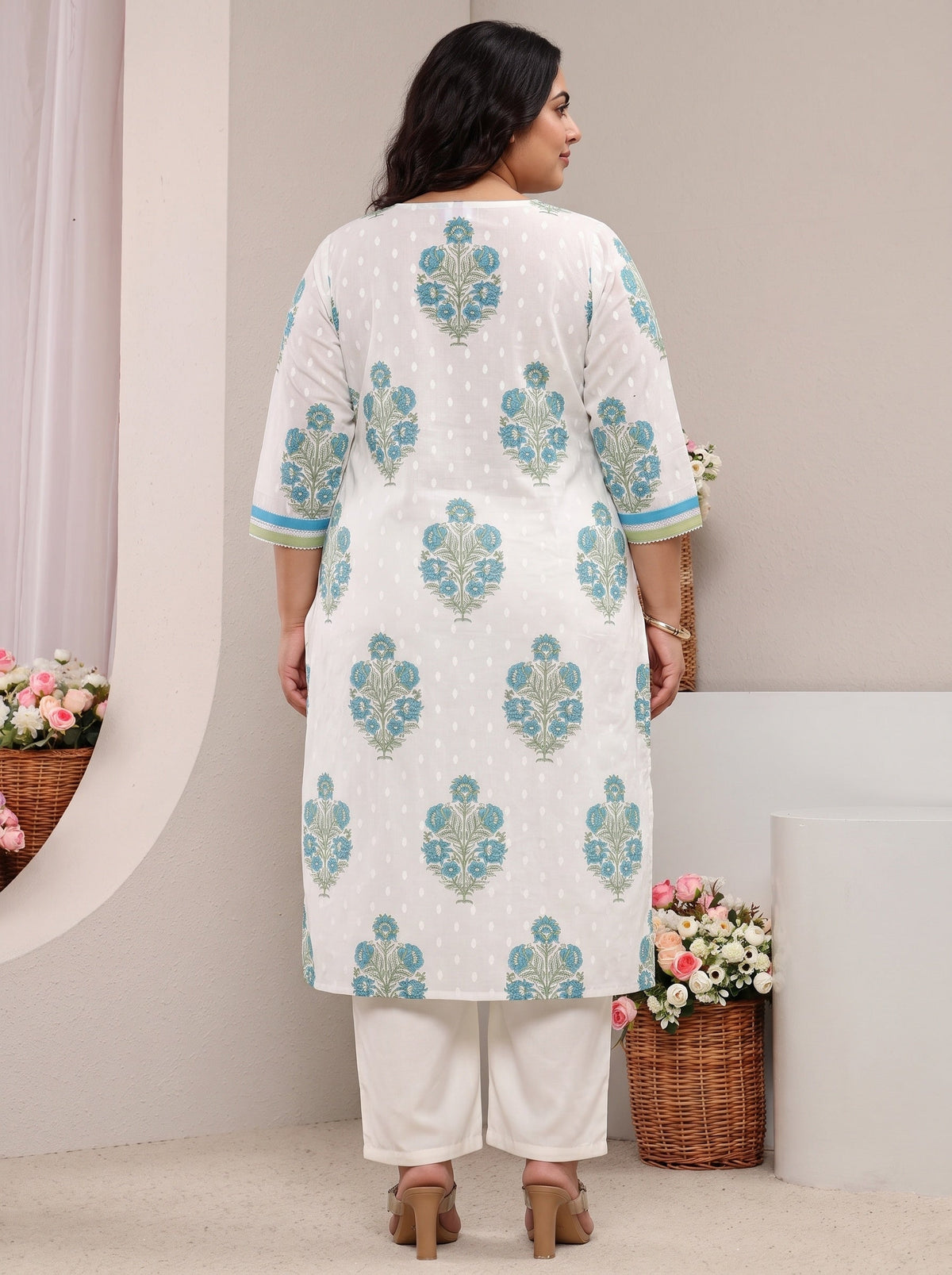 Plus Size White Floral Printed Cotton A-Line Kurta