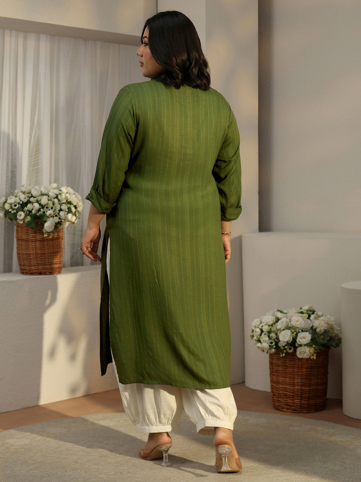 Plus Size Green Striped Woven Design Rayon Straight Kurta