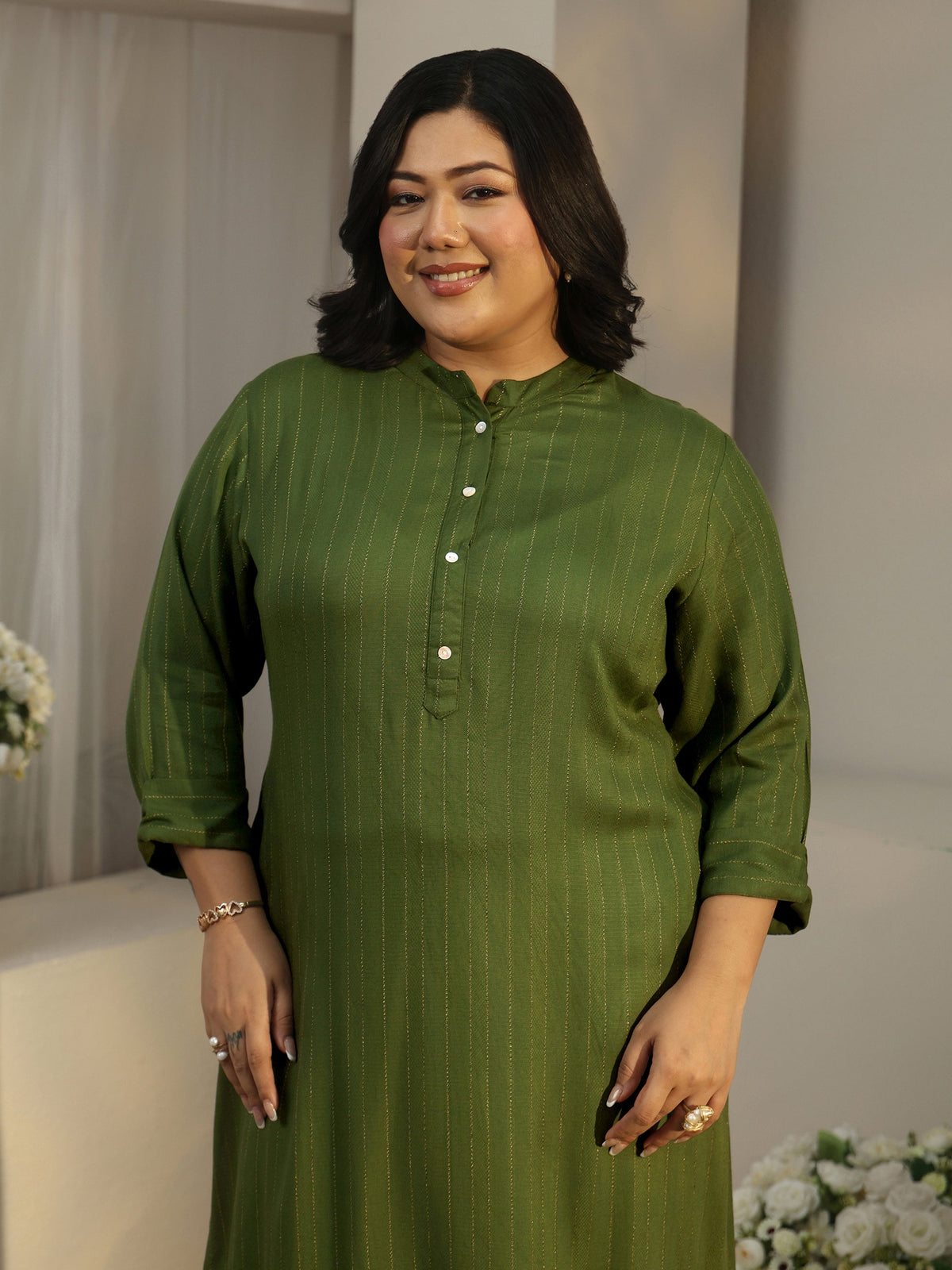 Plus Size Green Striped Woven Design Rayon Straight Kurta