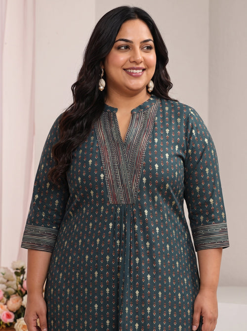 Plus Size Blue Ethnic Printed Silk Blend Straight Short Kurti