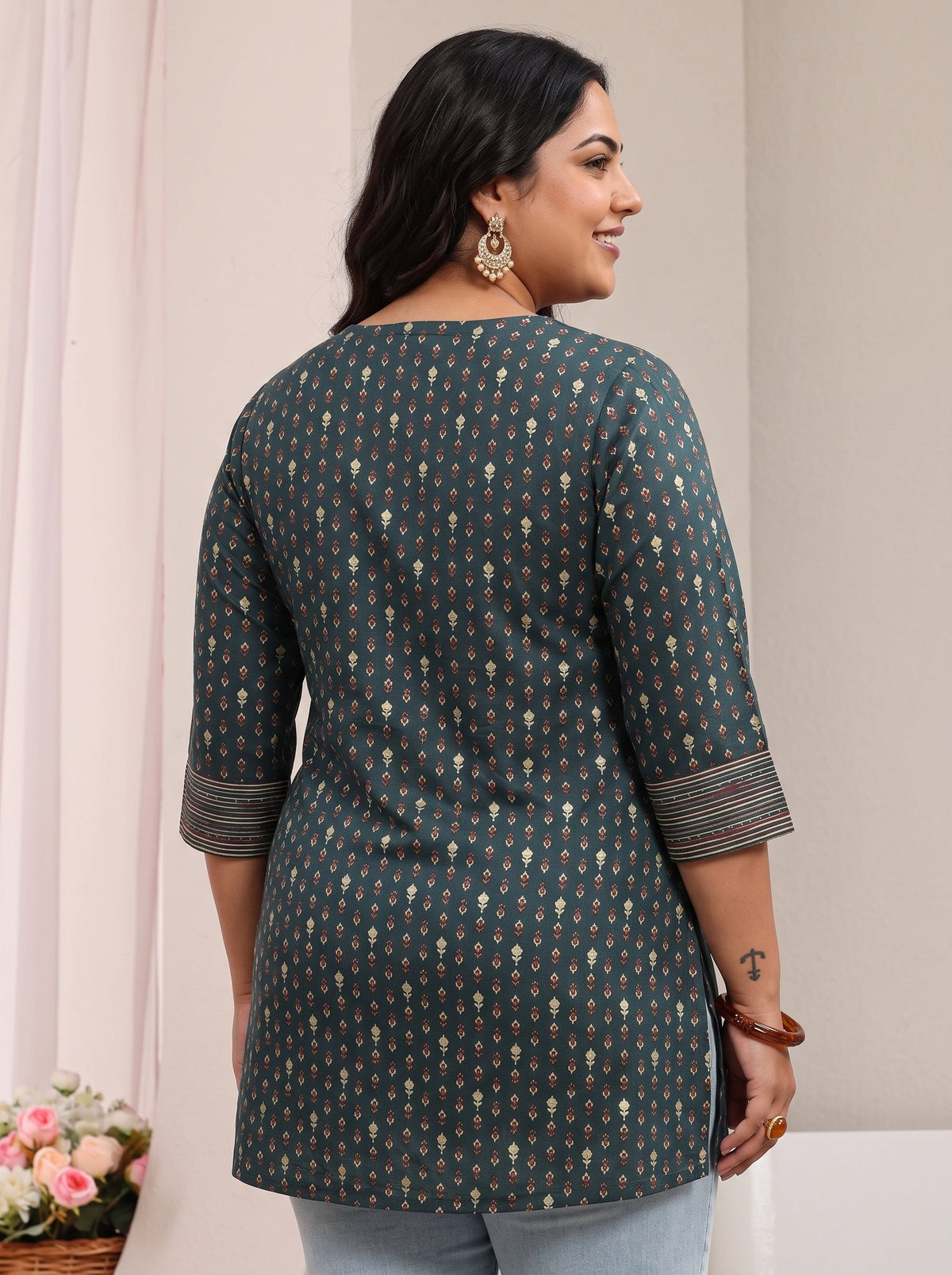 Plus Size Blue Ethnic Printed Silk Blend Straight Short Kurti
