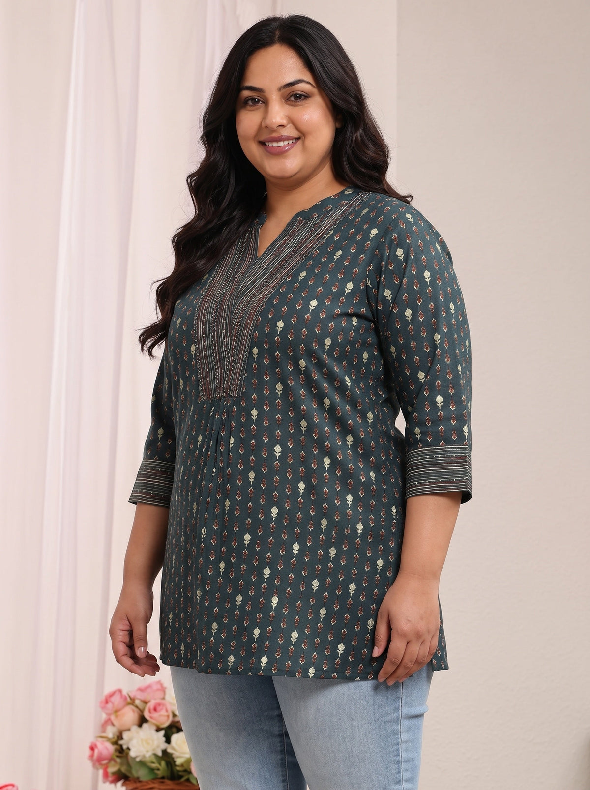 Plus Size Blue Ethnic Printed Silk Blend Straight Short Kurti