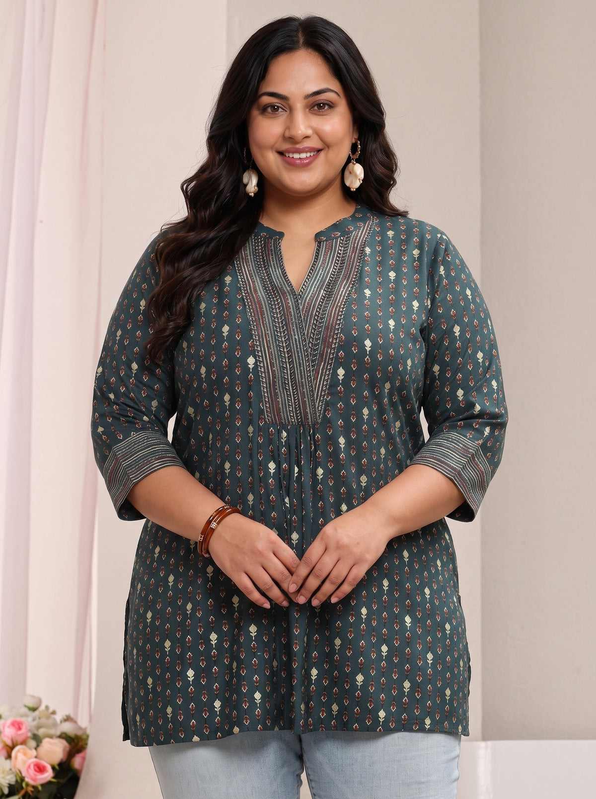 Plus Size Blue Ethnic Printed Silk Blend Straight Short Kurti
