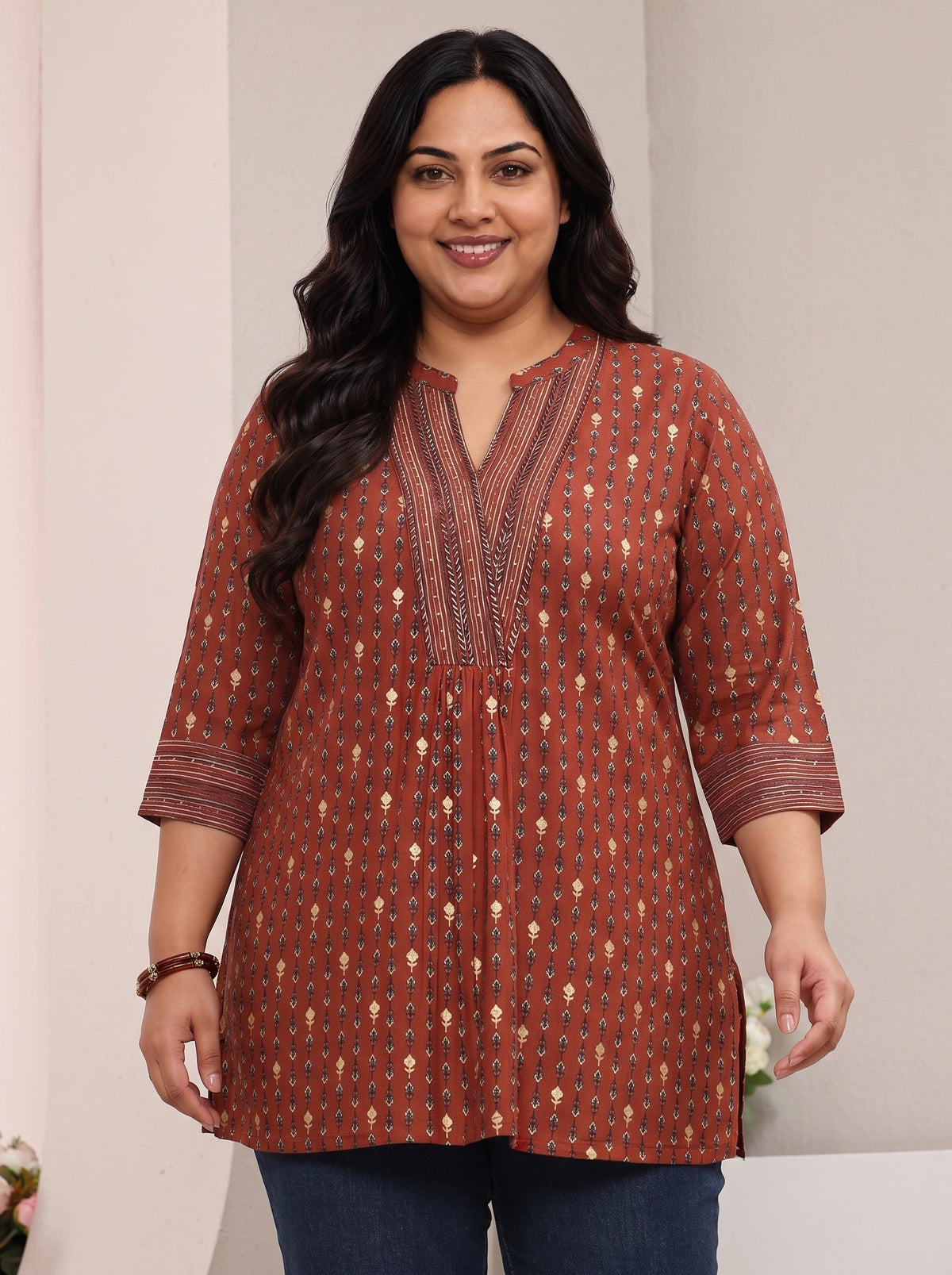 Plus Size Rust Ethnic Printed Silk Blend Straight Short Kurti