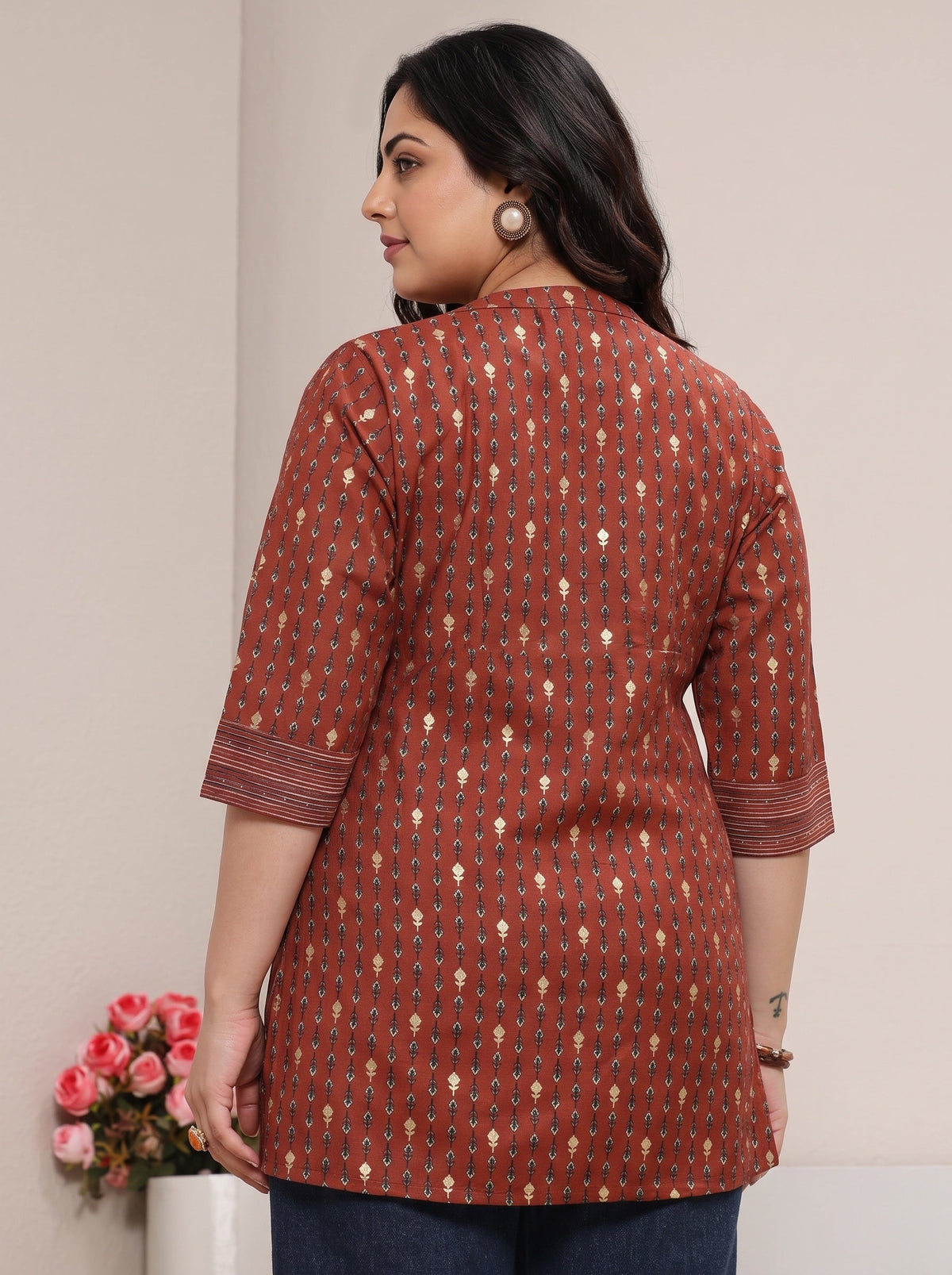 Plus Size Rust Ethnic Printed Silk Blend Straight Short Kurti