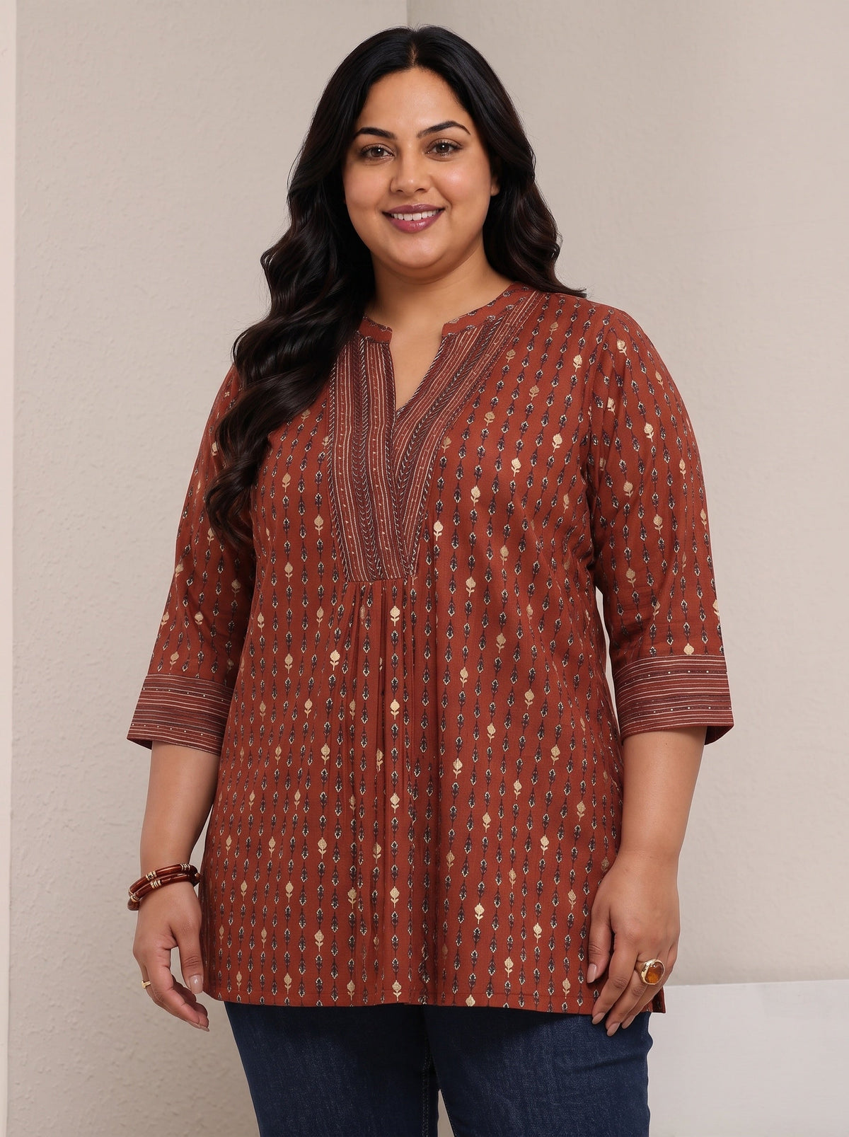 Plus Size Rust Ethnic Printed Silk Blend Straight Short Kurti