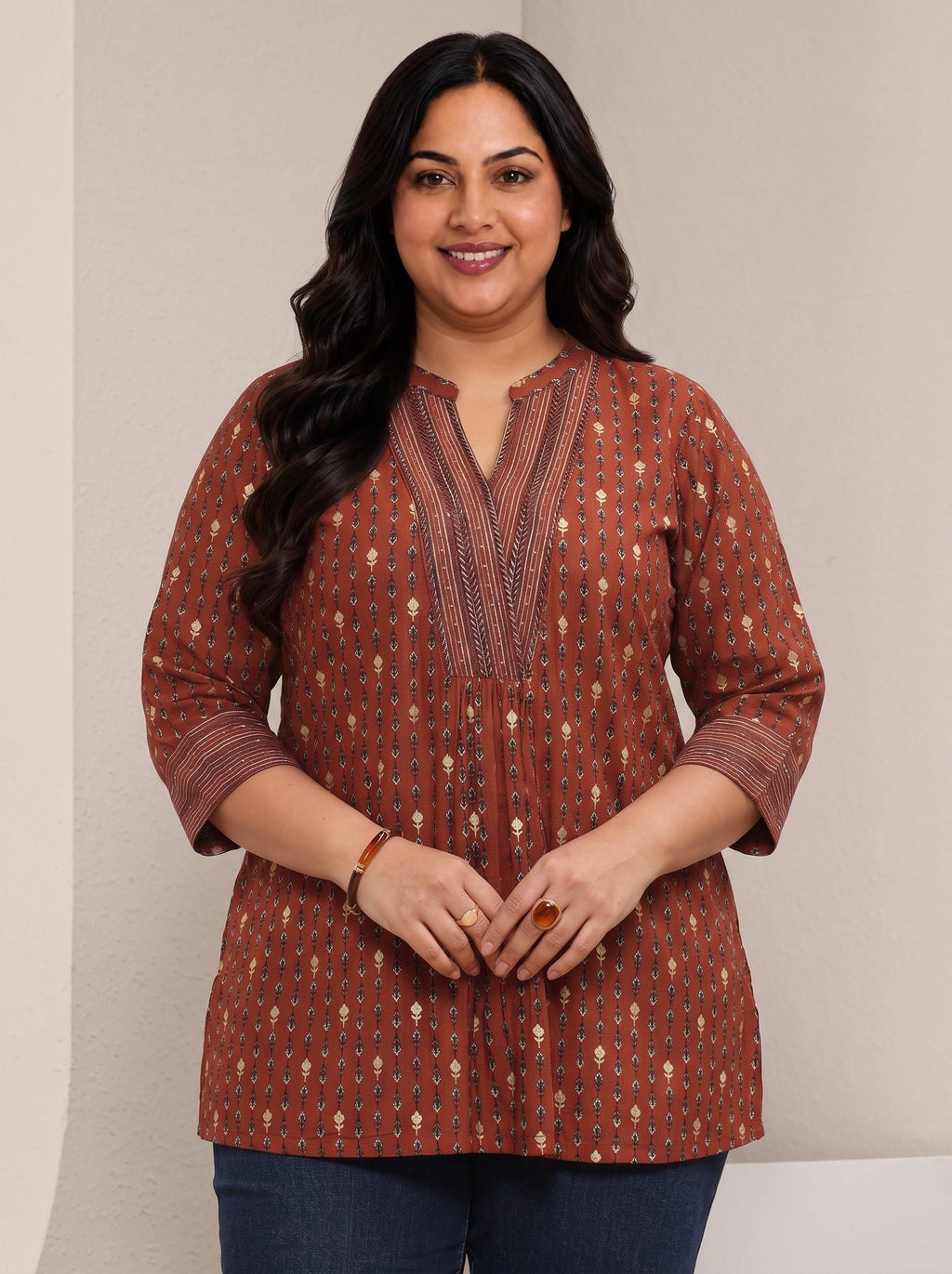 Plus Size Rust Ethnic Printed Silk Blend Straight Short Kurti