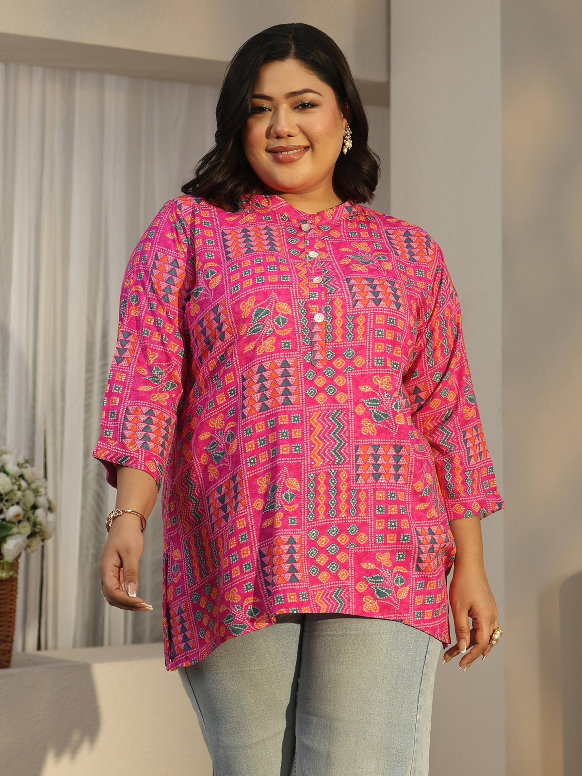 Plus Size Pink Multi Printed Rayon Straight Tunic