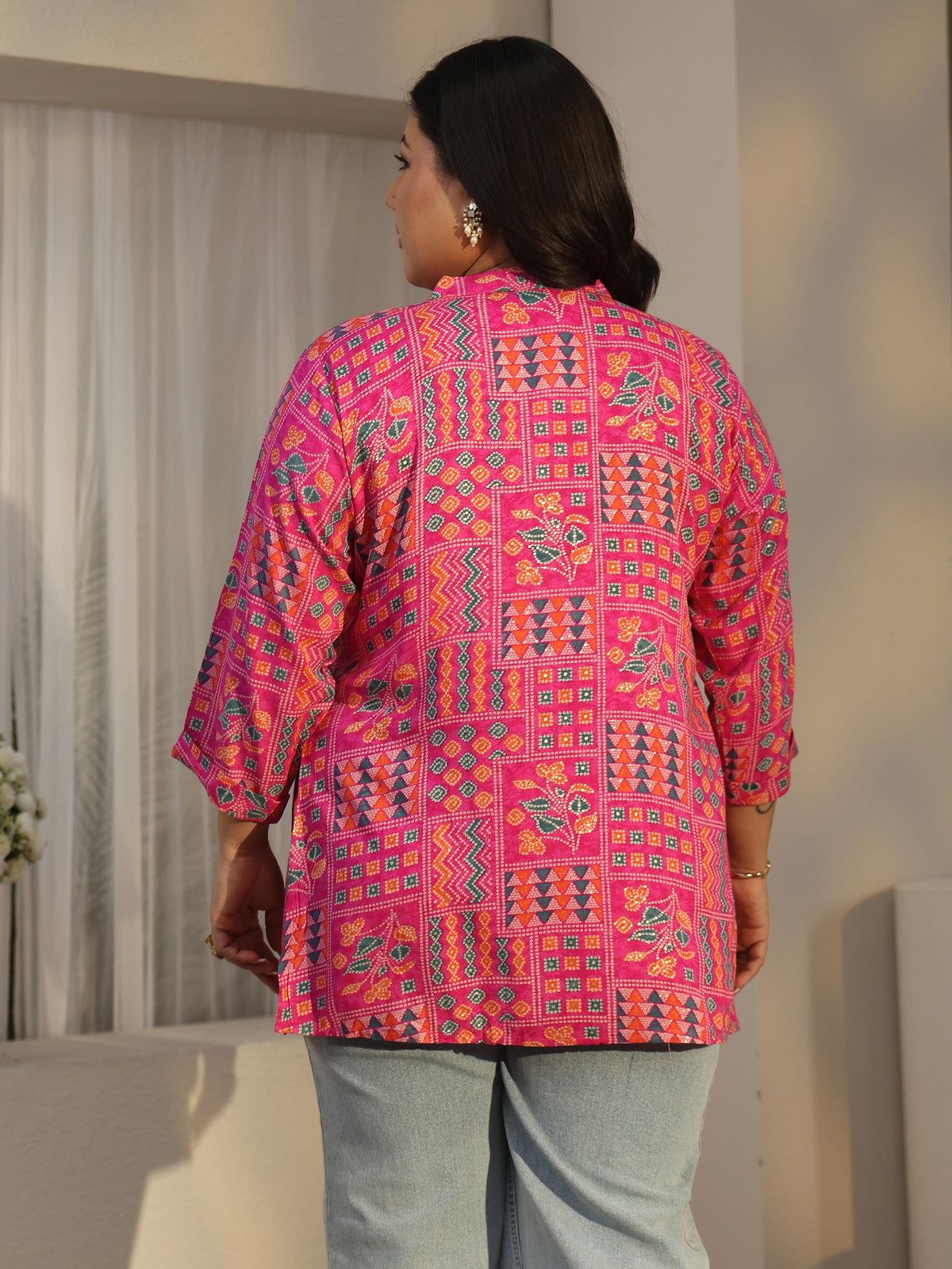 Plus Size Pink Multi Printed Rayon Straight Tunic