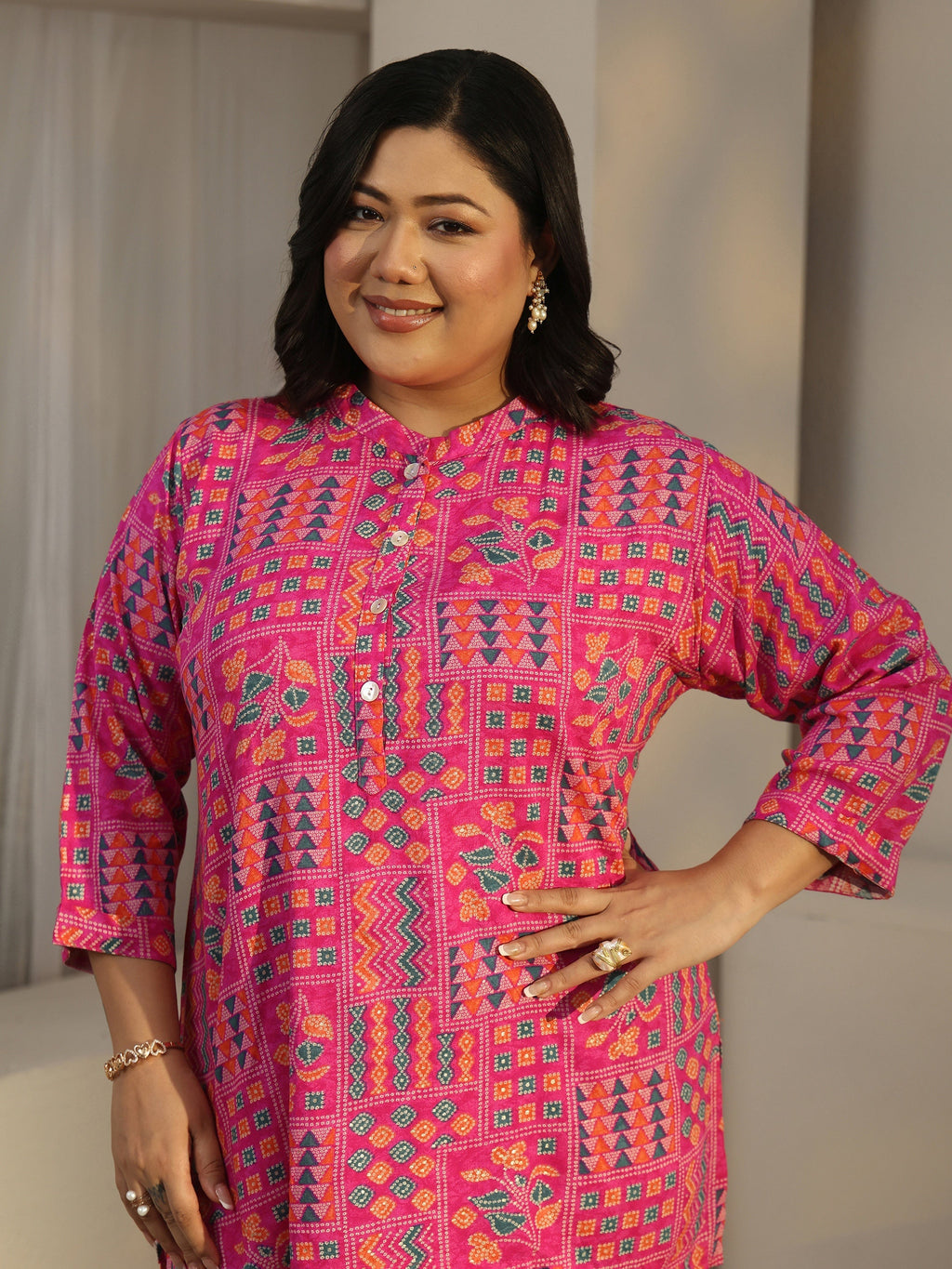Plus Size Pink Multi Printed Rayon Straight Tunic