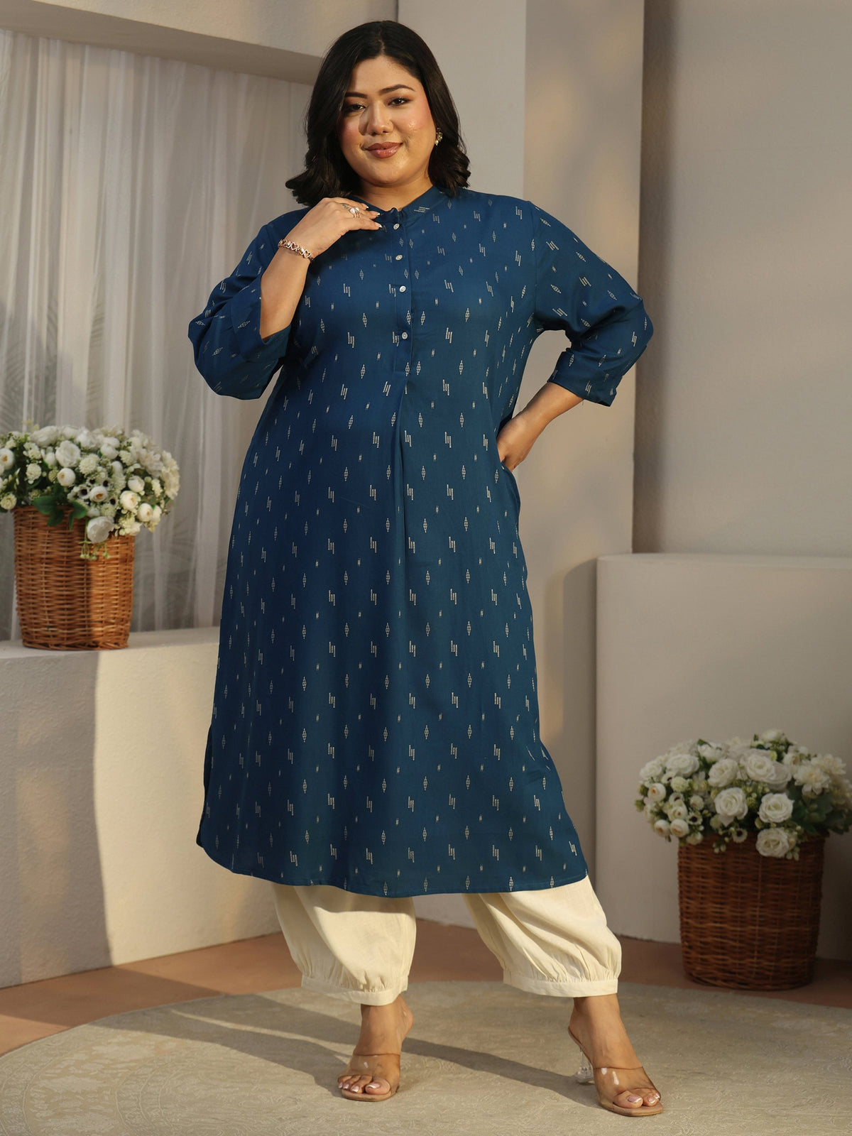 Plus Size Blue Woven Design Rayon Straight Kurta