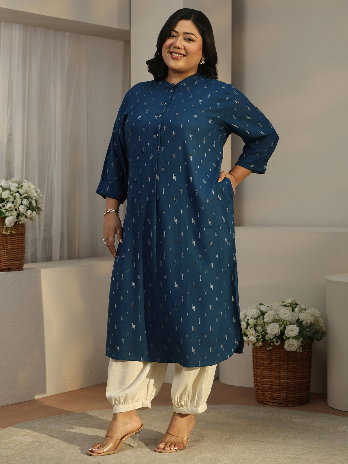 Plus Size Blue Woven Design Rayon Straight Kurta