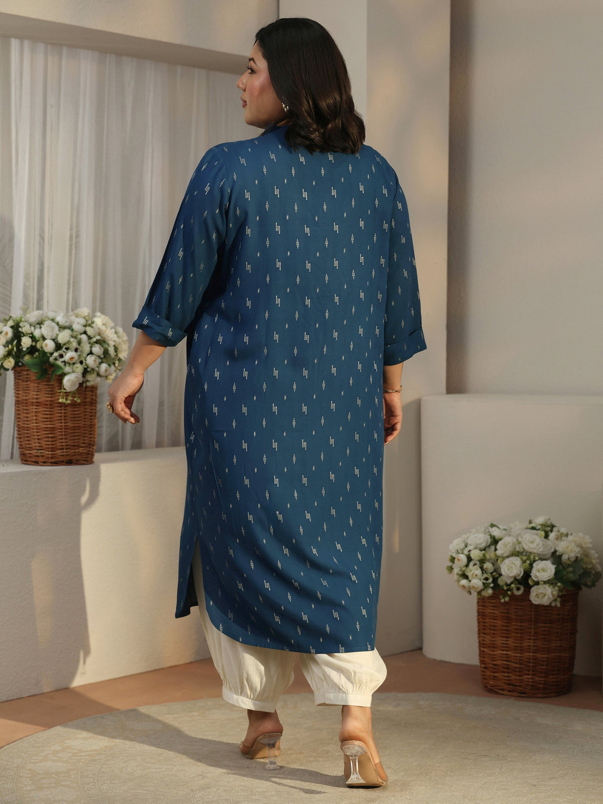 Plus Size Blue Woven Design Rayon Straight Kurta