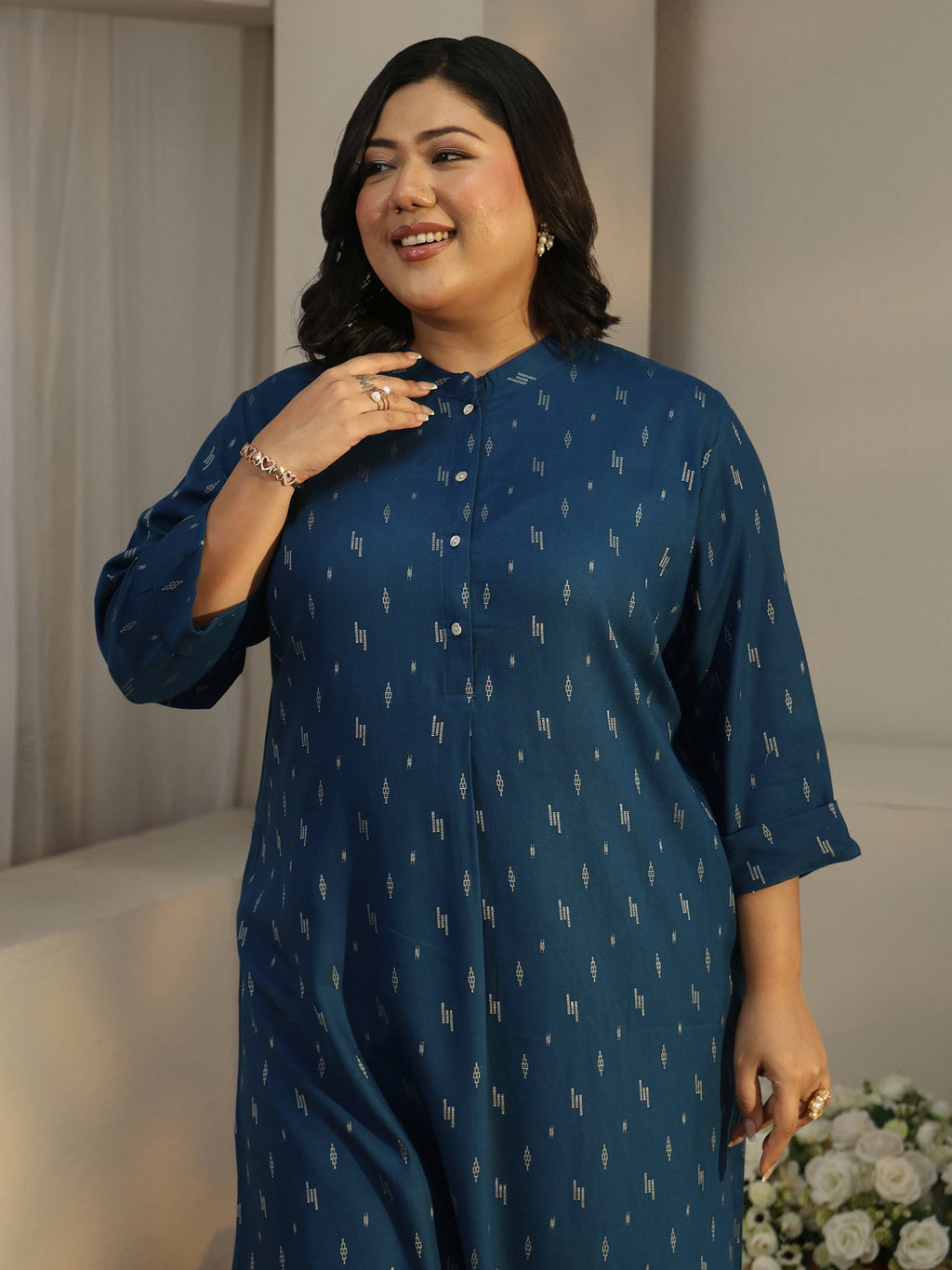 Plus Size Blue Woven Design Rayon Straight Kurta