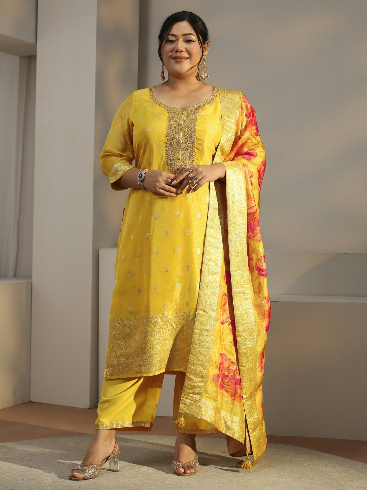 Plus Size Mustard Woven Design Chanderi Silk Straight Suit With Dupatta