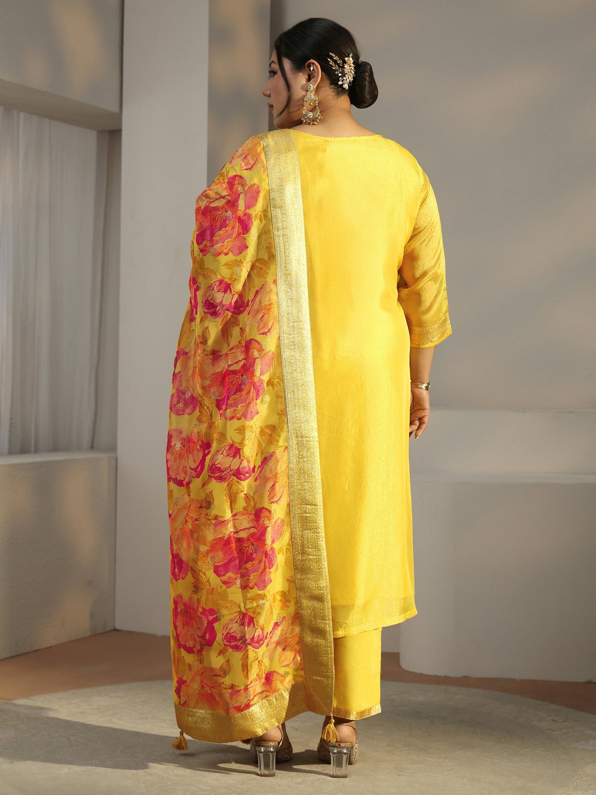 Plus Size Mustard Woven Design Chanderi Silk Straight Suit With Dupatta