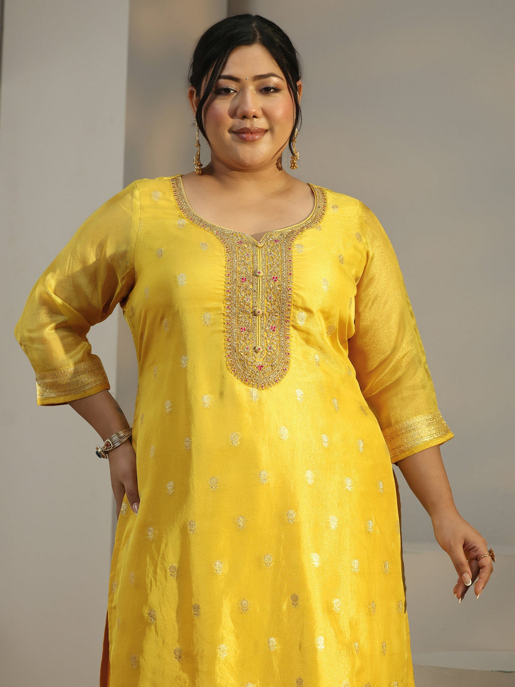 Plus Size Mustard Woven Design Chanderi Silk Straight Suit With Dupatta