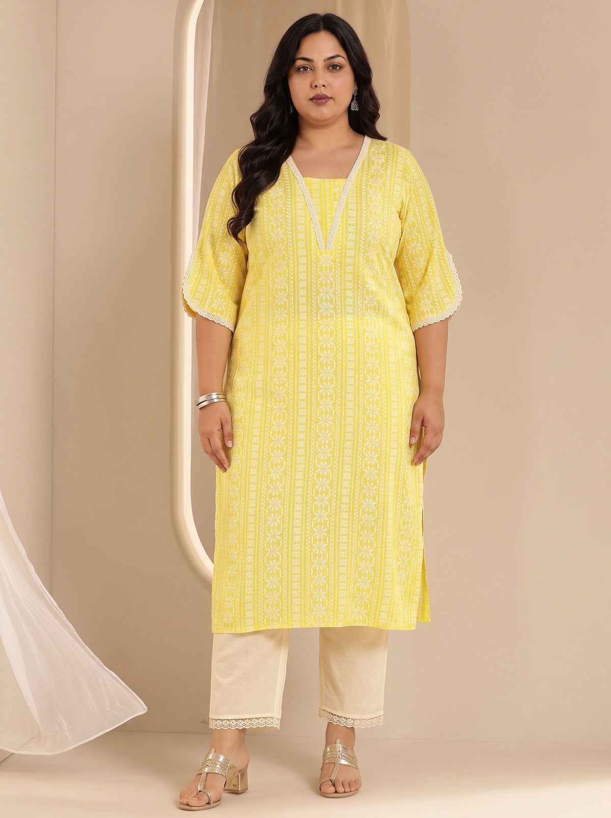 Plus Size Yellow Printed Rayon Straight Kurta