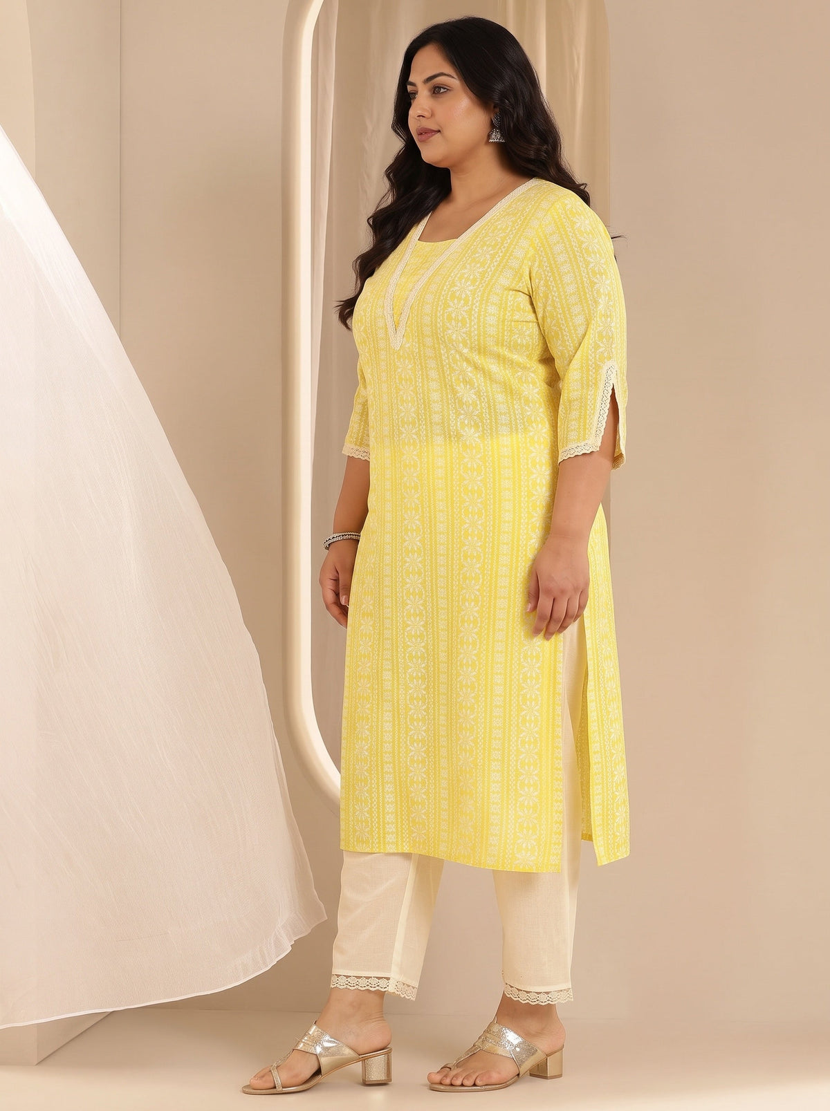 Plus Size Yellow Printed Rayon Straight Kurta