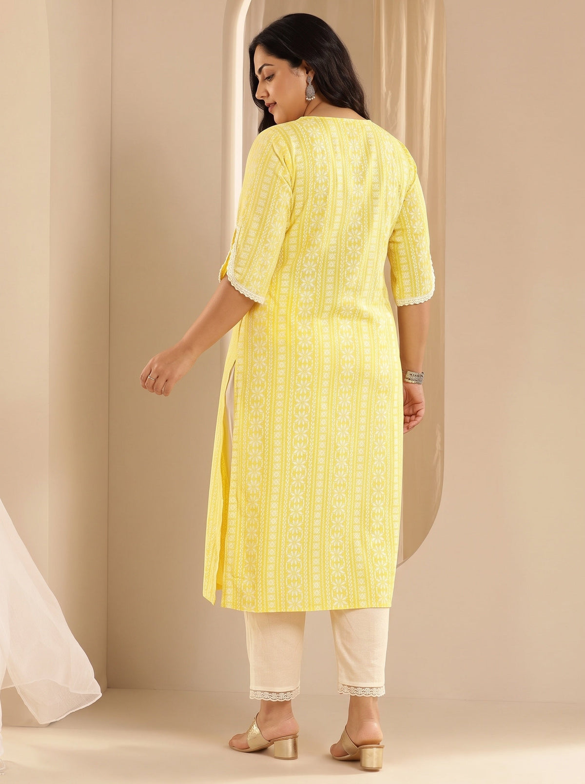 Plus Size Yellow Printed Rayon Straight Kurta