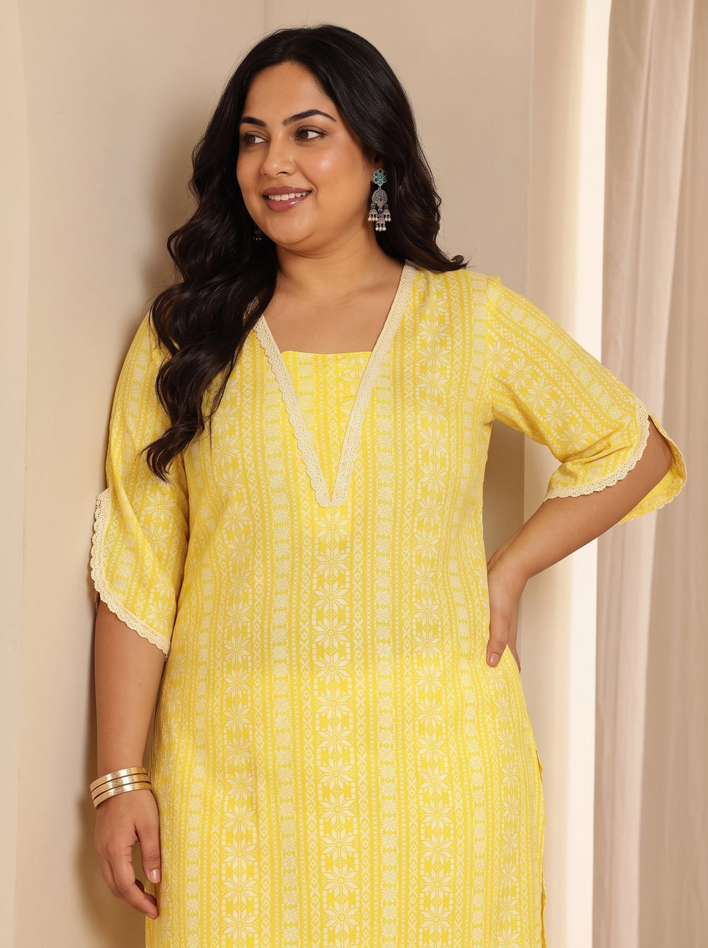 Plus Size Yellow Printed Rayon Straight Kurta