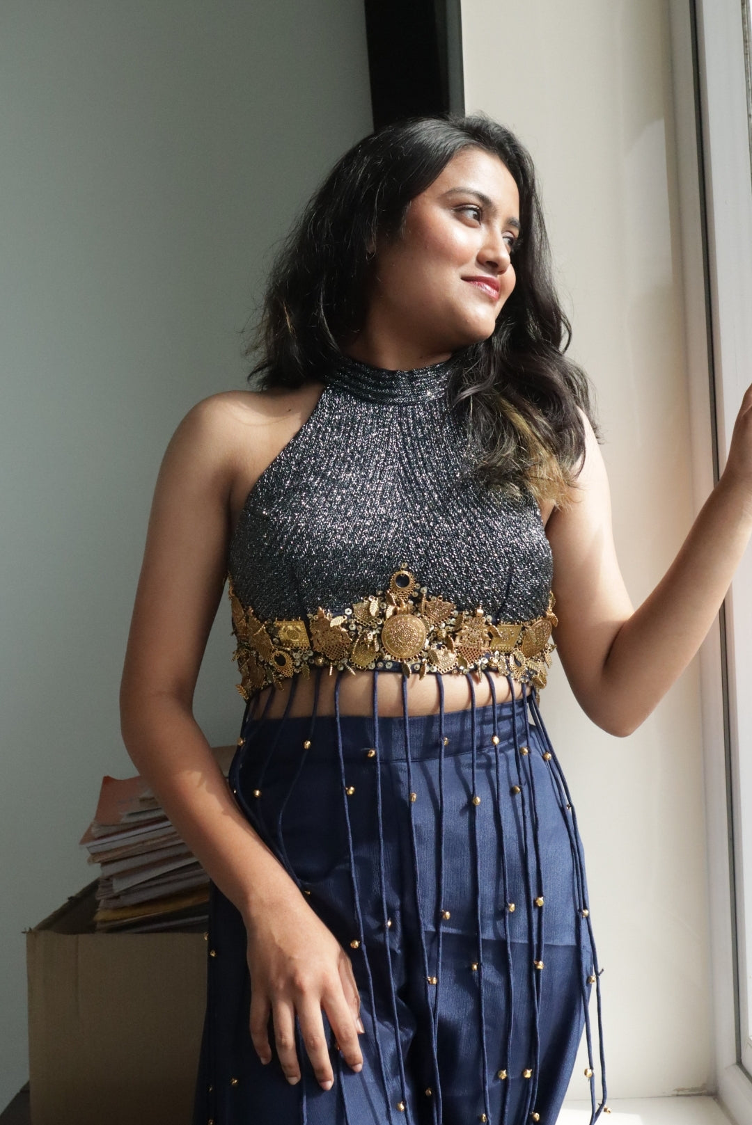 Embroidered Sequin Blouse & Flared Palazzo Set