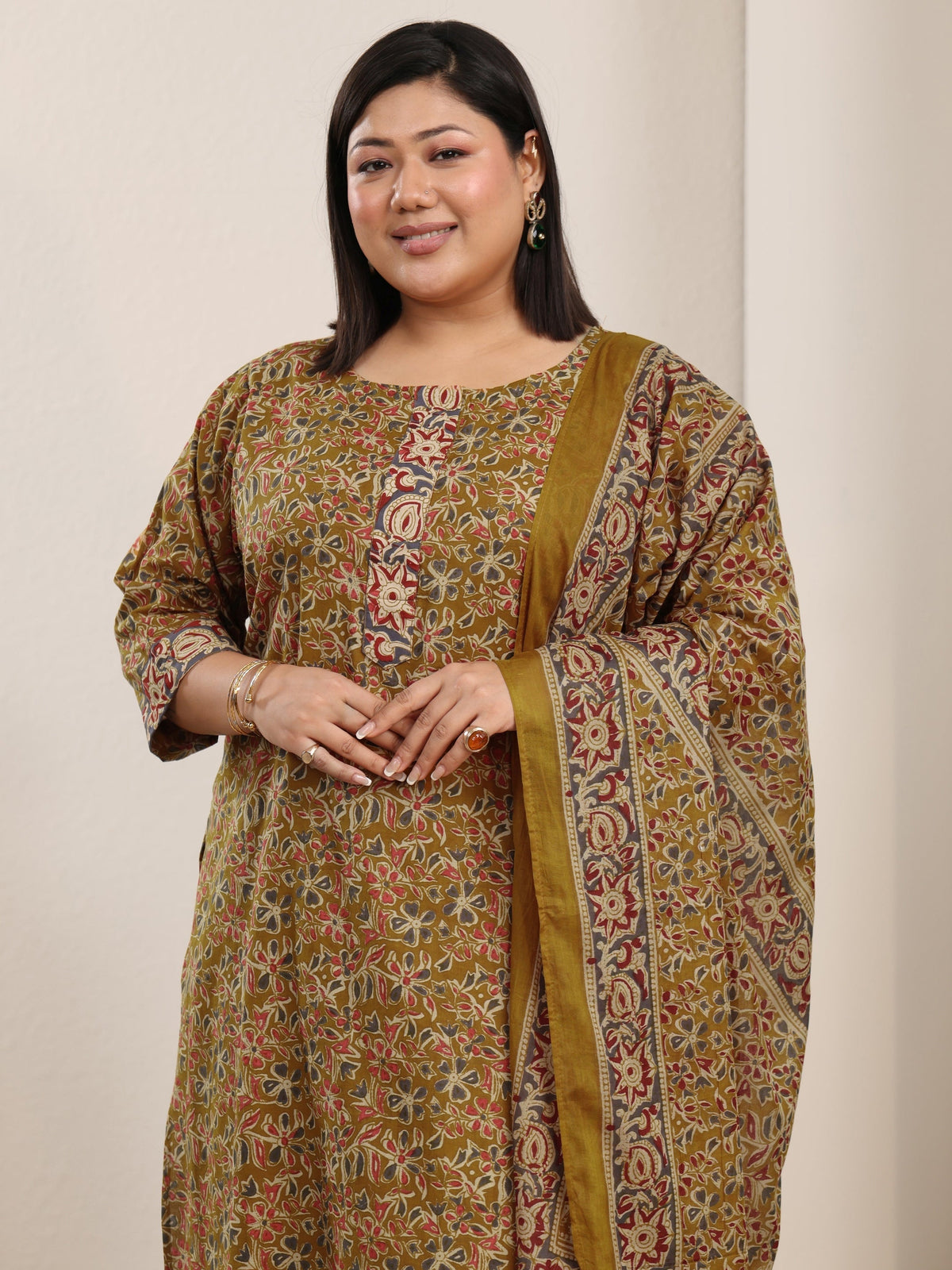 Plus Size Mustard Printed Cotton Straight Suit With Dupatta