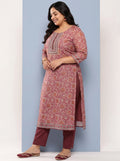 Plus Size Mauve Yoke Design Silk Blend Straight Kurta With Trousers & Dupatta