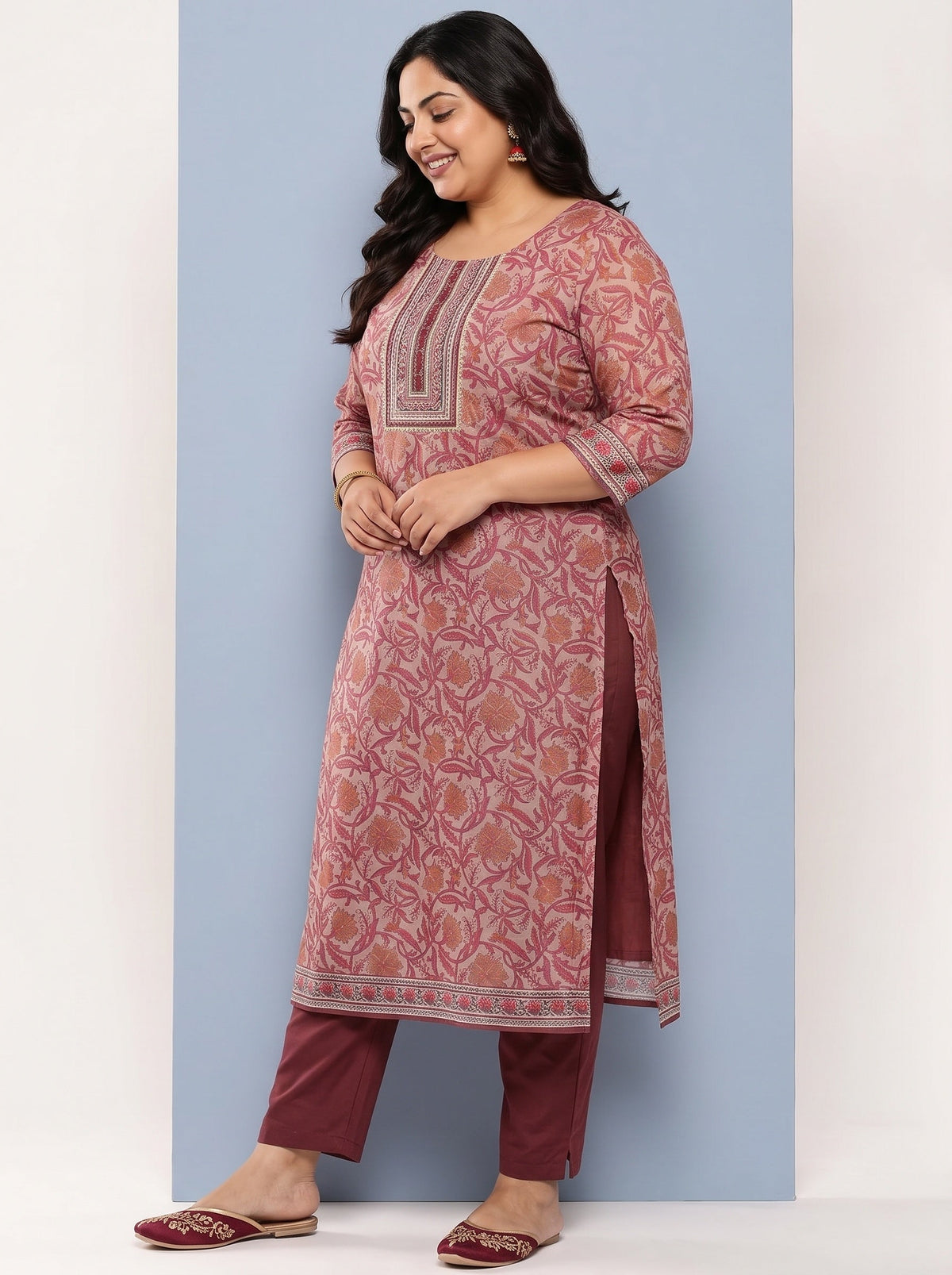 Plus Size Mauve Yoke Design Silk Blend Straight Kurta With Trousers & Dupatta