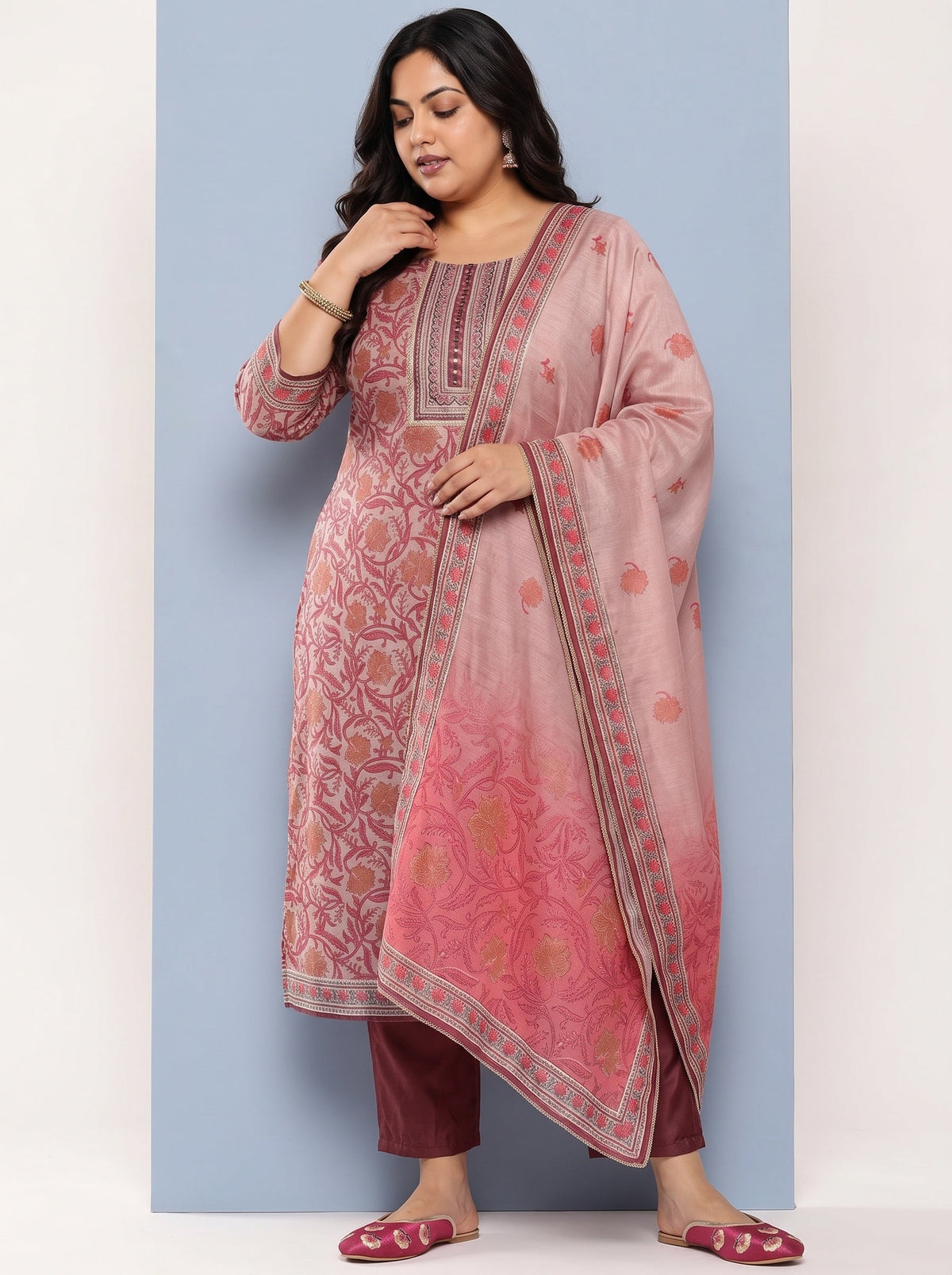 Plus Size Mauve Yoke Design Silk Blend Straight Kurta With Trousers & Dupatta