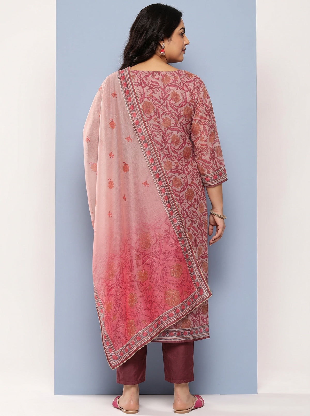 Plus Size Mauve Yoke Design Silk Blend Straight Kurta With Trousers & Dupatta